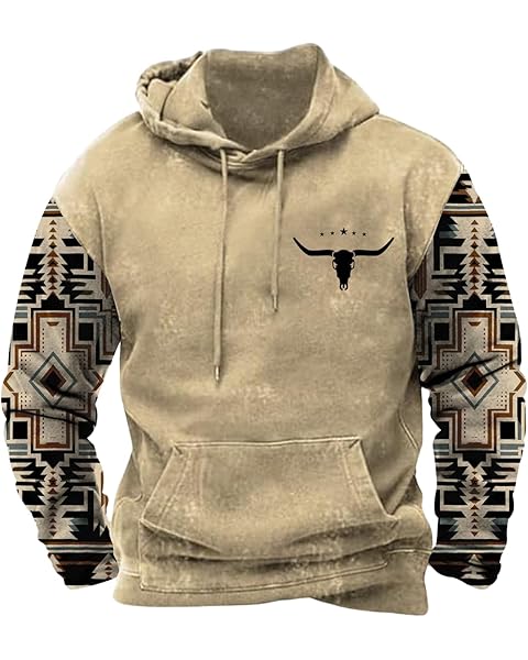 Mens Aztec Cowboy Hoodies Western Vintage Print Graphic Hooded Sweatshirt Ethnic Long Sleeve Drawstring Pullover Tops