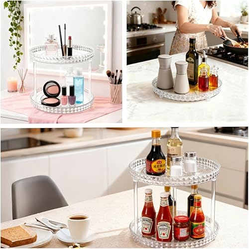 Miniatura 6 de Organizador de 2 niveles transparente Lazy Susan para refrigerador y gabinete, organizador de maquillaje giratorio de 360, vitrinas de cosméticos,