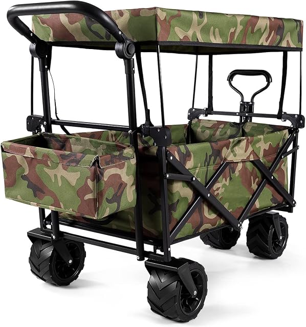 Maxmass Foldable Trolley Cart with Adjustable Handle and Removable Canopy, Garden Wagon Truck (Camouflage)