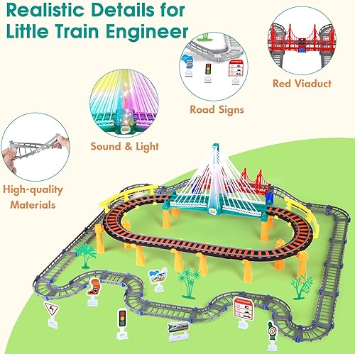 Miniatura 4 de Juego de tren eléctrico 2 en 1 para niños, juego de pistas de tren para niños de 3, 4, 5, con luces y sonido, pistas de coche, juguete de pista de