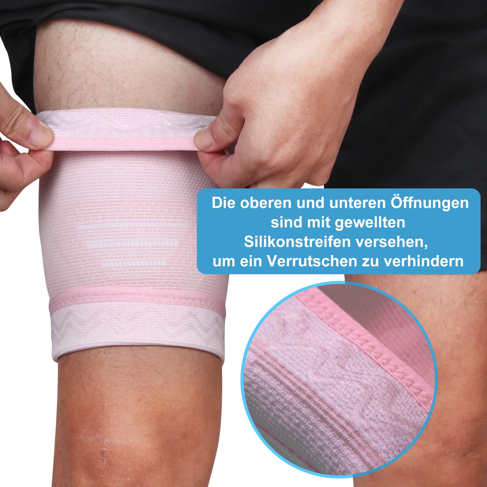 Kompression Oberschenkelbandage Herren and Damen Belüftung Oberschenkelstütze Mit Rutschfestem Silikon, für Muskelfaserriss, Muskelbelastung, Verletzungserholung, Sport 2 Stück (Rosa, XL)