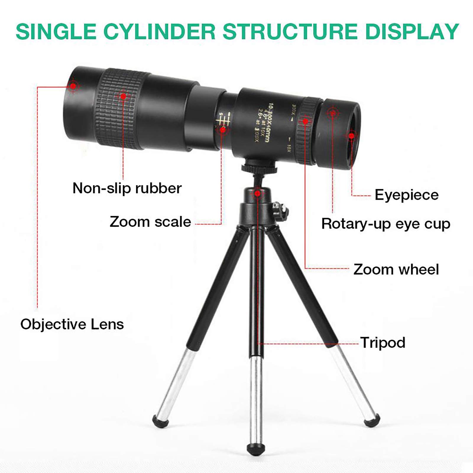 Monokular dla dorosłych o dużej mocy, 4K 10-300 x 40 mm super teleobiektyw zoom zewnętrzny lekki teleskop o dużej mocy ze statywem i klipsem, idealna do obserwacji ptaków lornetki dla dorosłych