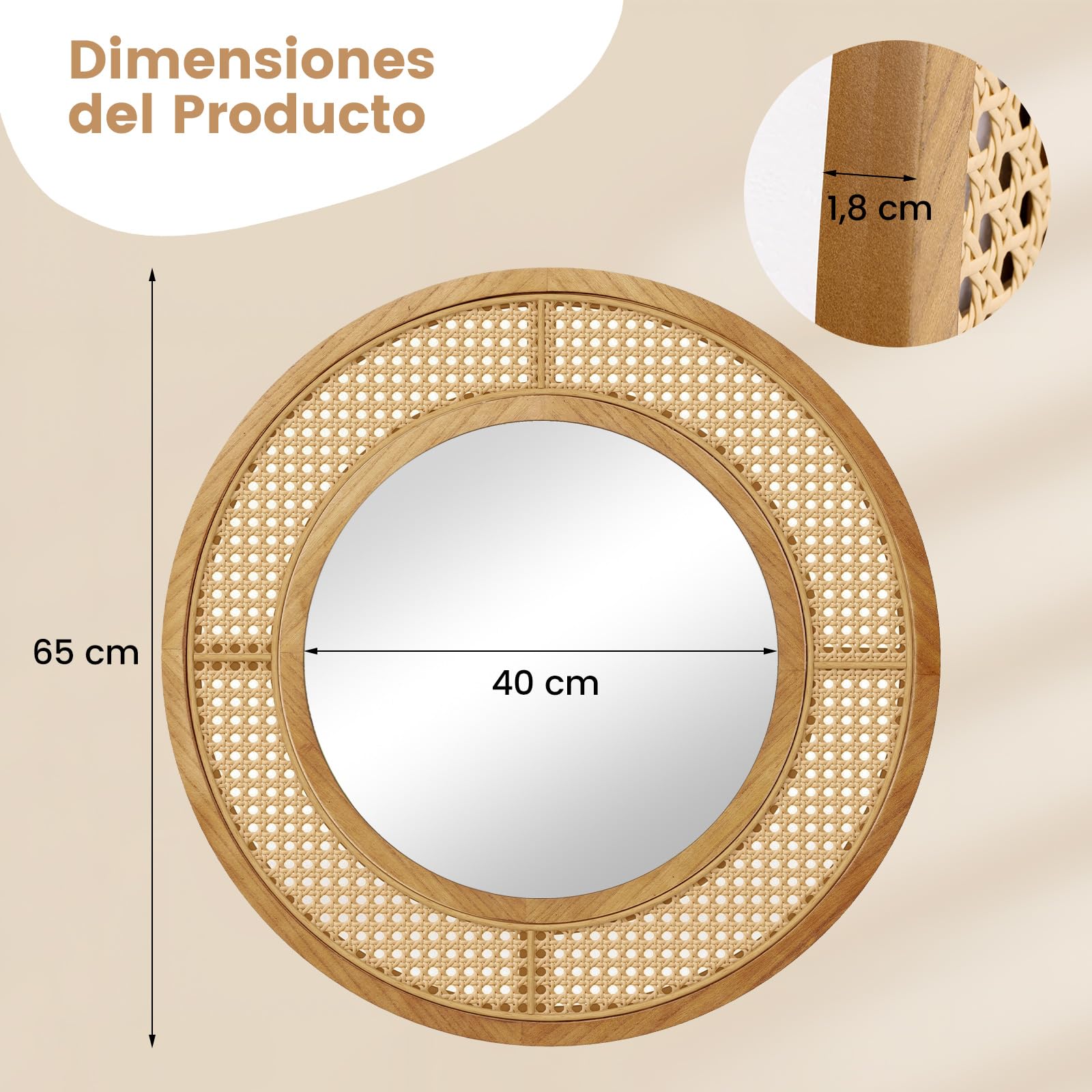 COSTWAY Espejo de Pared de Ratán, Espejo Decorativo Redondo con Marco de Madera, Espejo Colgante Estilo Granja para Baño, Sala de Estar, Dormitorio, Pasillo, 65 x 65 cm (Redondo)