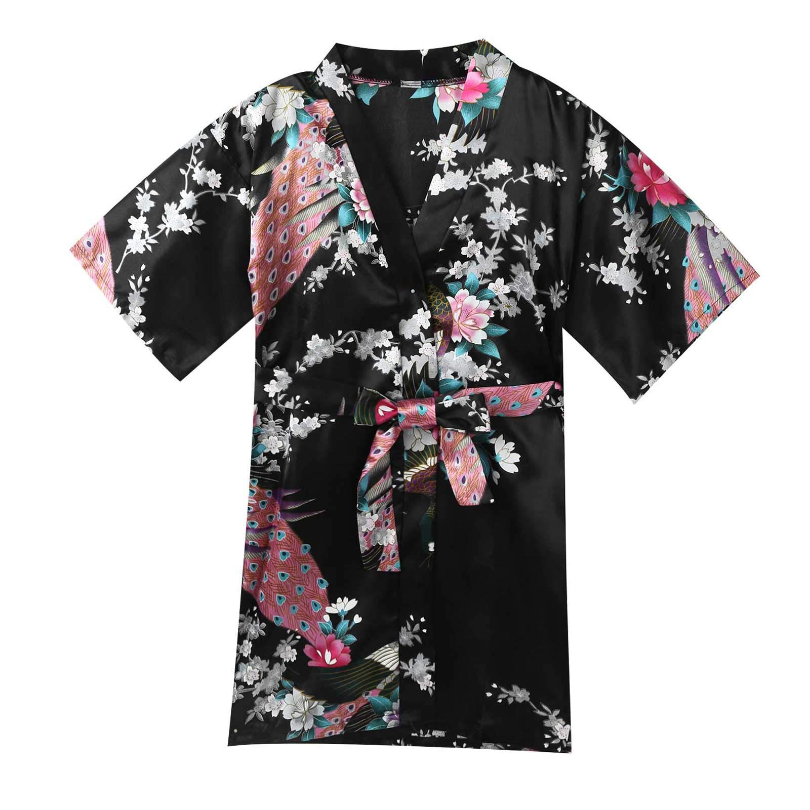 Aislor Kimono Japonesa Niña Bata Tela de Satén Estampado Flores y Pavos Cuello en V Albornoz Niña Ropa Tradicional de Japón Ropa de Dormir 3-14 Años