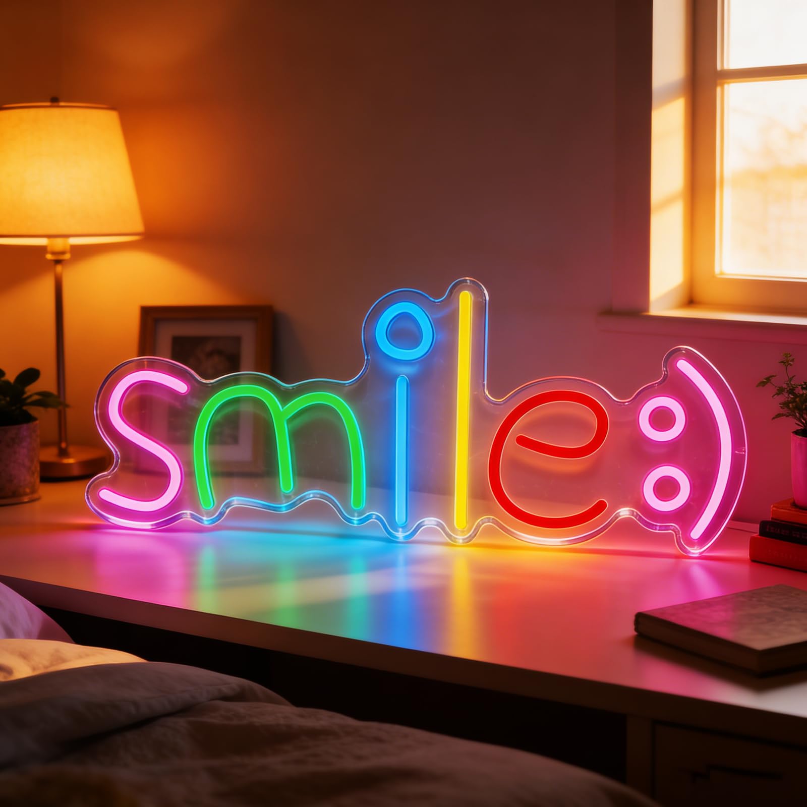 Colorful Smile Neon Sign with Smiley Face Rainbow LED Word Lights for Bedroom Wall USB Powered Dimmable Neon Light Perfect Birthday Christmas Gift for Teens Girls Kids