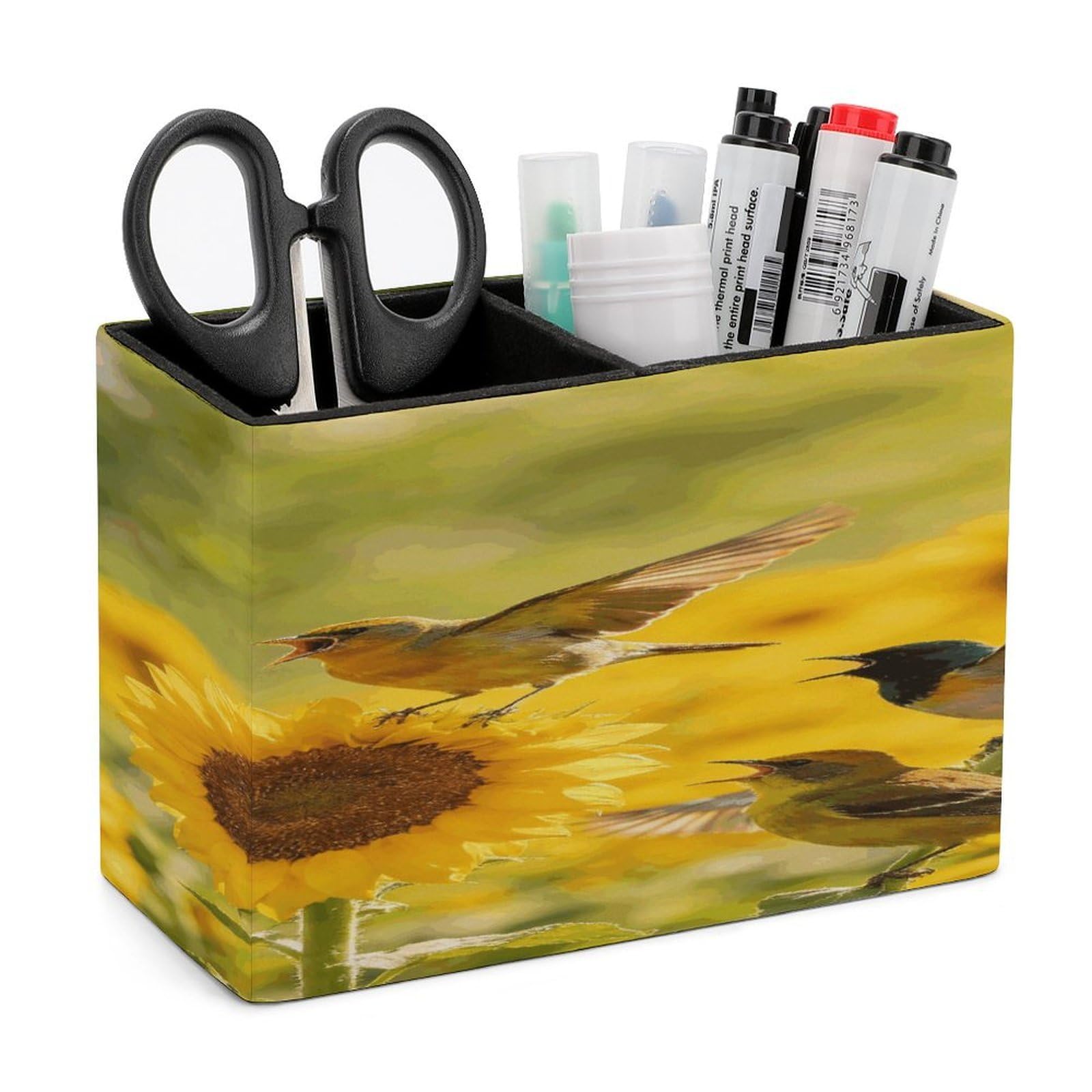 LZQPOEAS Sunflowers And Songbirds Pen Holder Double Compartments Pen Cup Makeup Brush Holders Leather Pencil Holder Locker Organizer for Work Locker Accessories Modern Pencil Cup for Desk