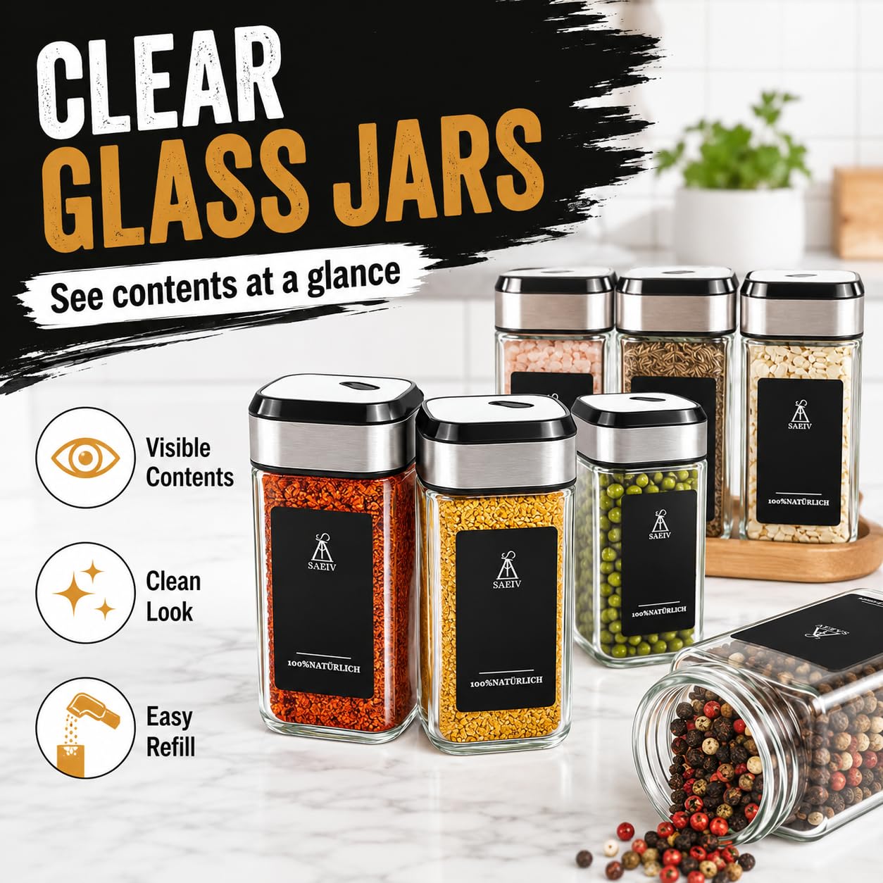 360° Rotation Gewürzgläser Eckig Set | Drei Kaliber, frei einstellbar | 12 Gewürzdosen Mit Gewürzetiketten | Perfekte Organisation Küche Gewürz Organizer | 120ml Gewürzbehälter Glas