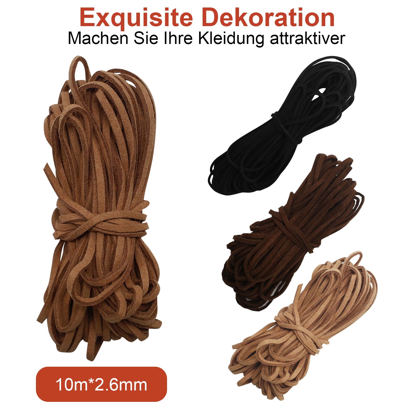 Cordoncino In Pelle Scamosciata 4 Colori – 10 M X 2,5 Mm, Corda Piatta Per Collane E Braccialetti Fai-da-Te, Morbida E Resistente Per Artigianato