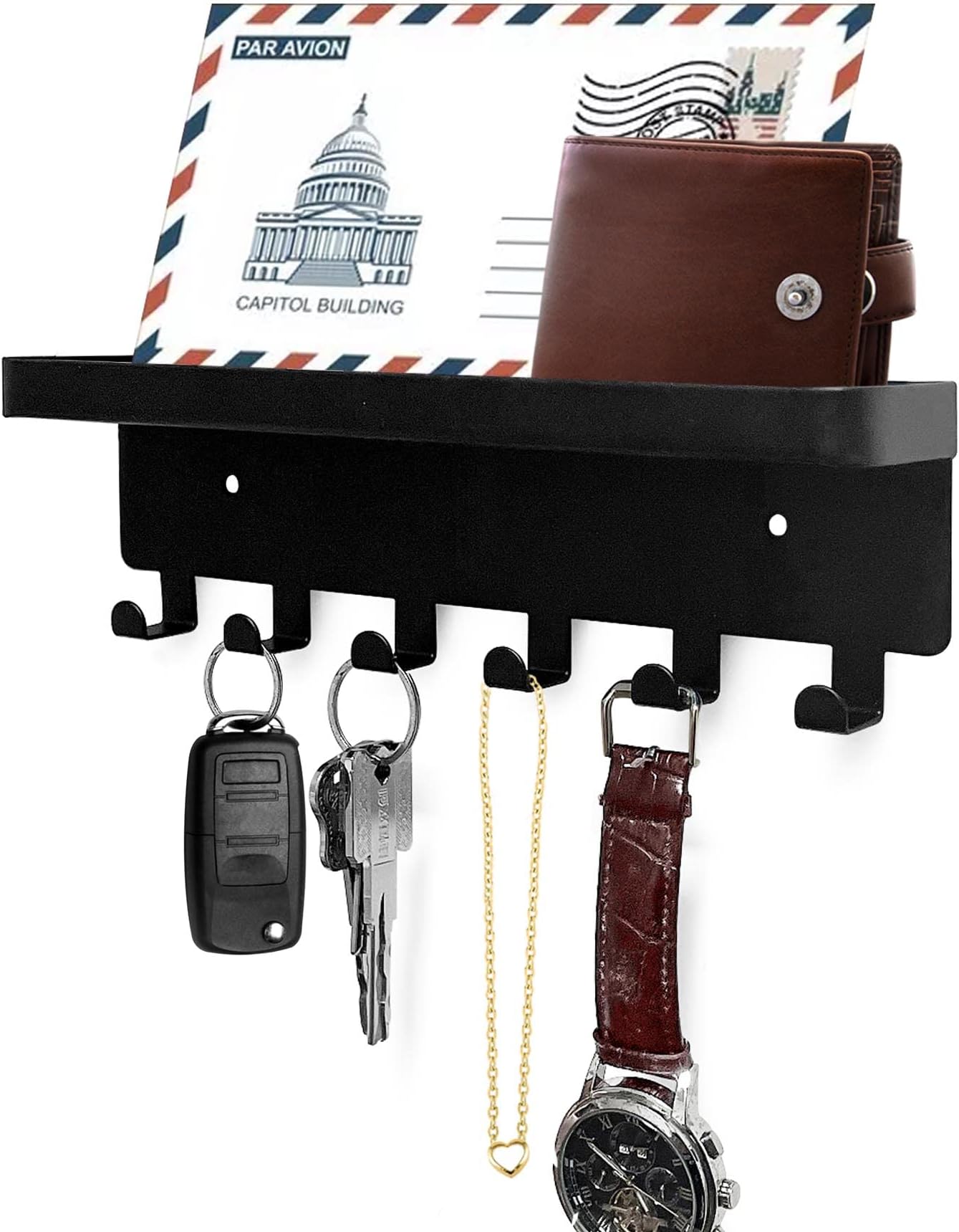 GTK Key Holder for Wall Key Hooks with Tray and 6 Hooks, Wall Mounted Key Holder for Hallway, Key Rack with Shelf for Mail Storage (Black)