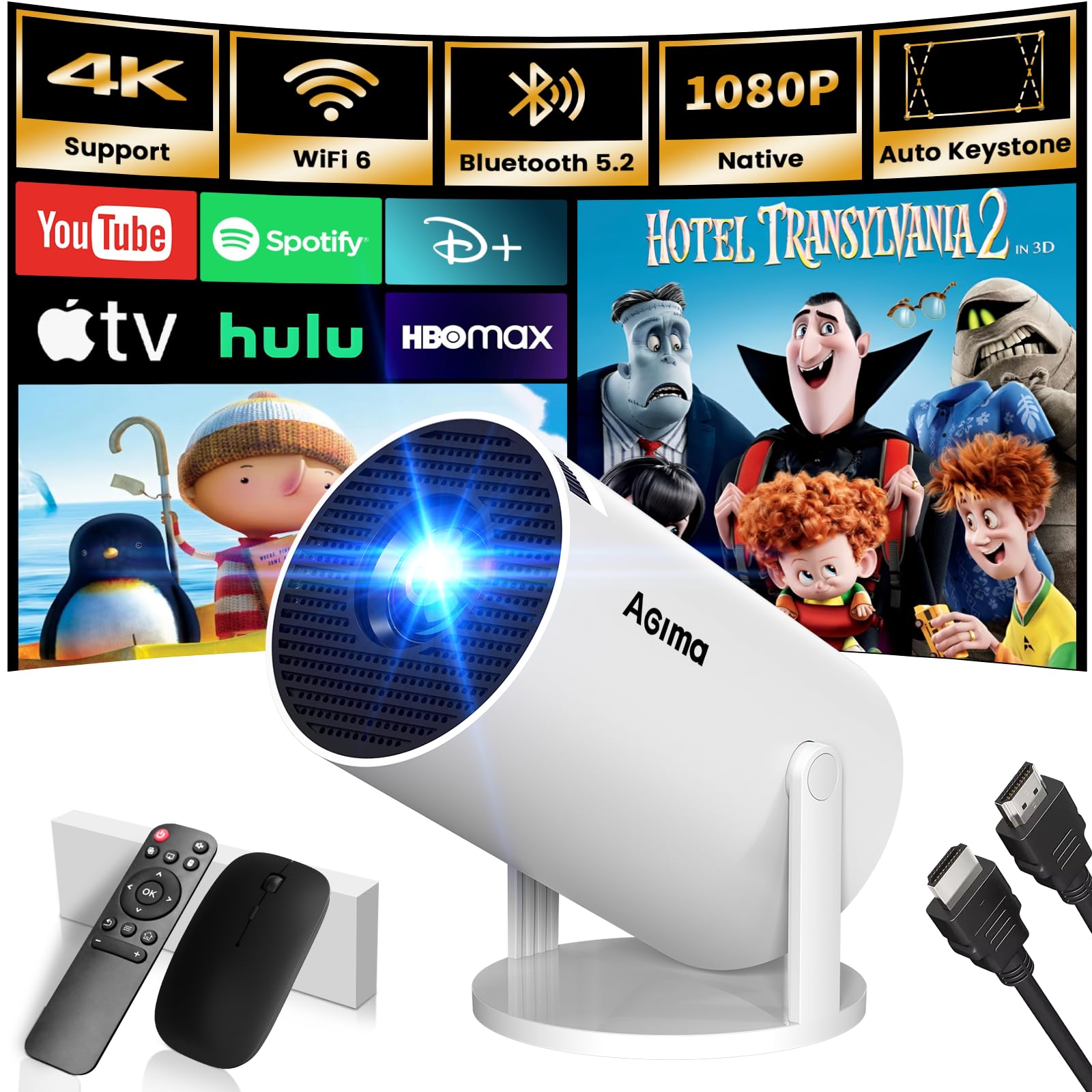 4K Mini Beamer 2026 Neueste Wi-Fi 6 Bluetooth Projektor mit Eingebauten Apps 1080P Auflösung HiFi Lautsprecher Auto Screen Keystone Lower Noise Ultra Short Throw für Große Szene,Weiß