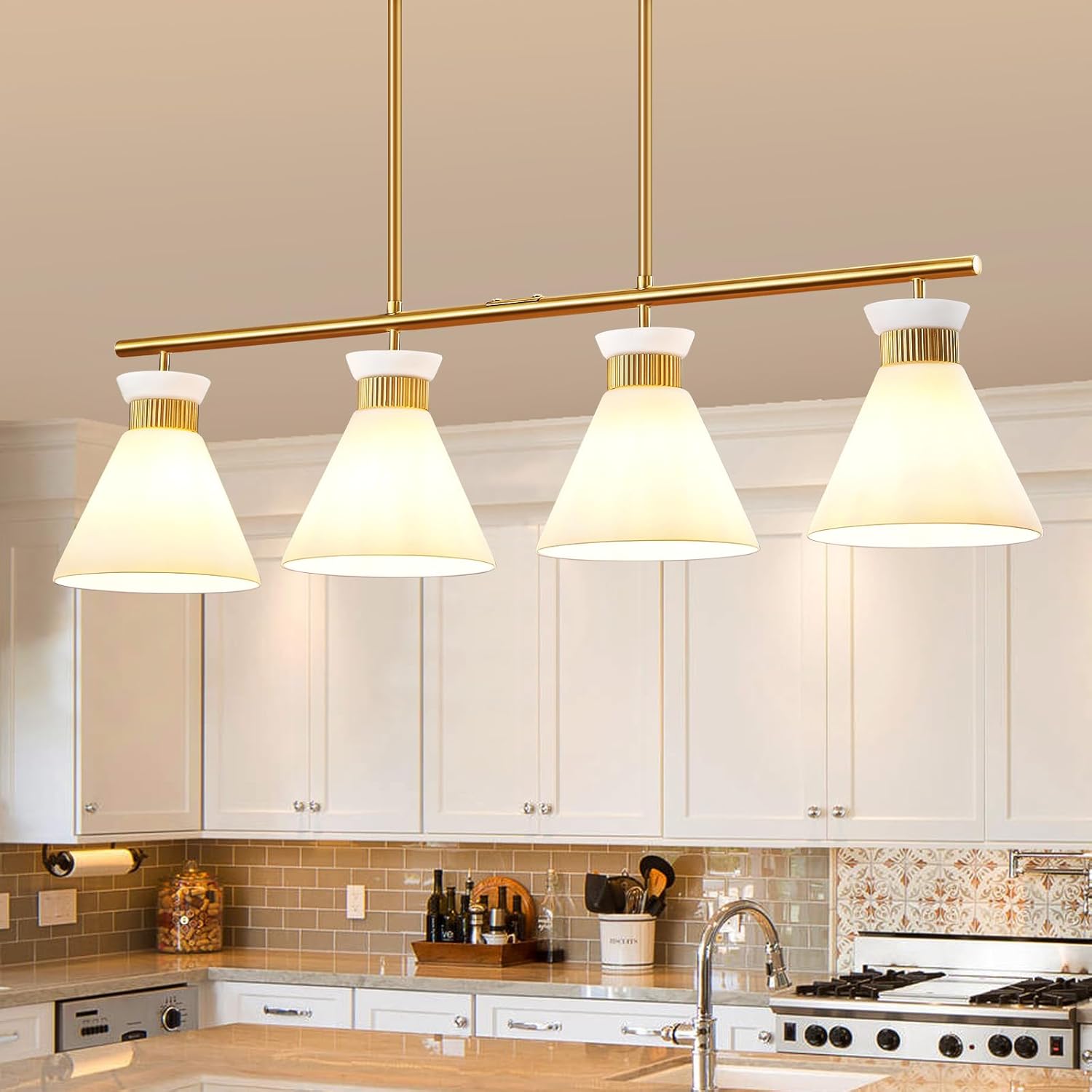 WOSHITU Kitchen Island Light Fixture - Gold Farmhouse Dining Room Lighting 4-Light with Milky White Frosted Glass Shade, Modern Industrial Linear Chandeliers Over Table, Lampara para Comedor