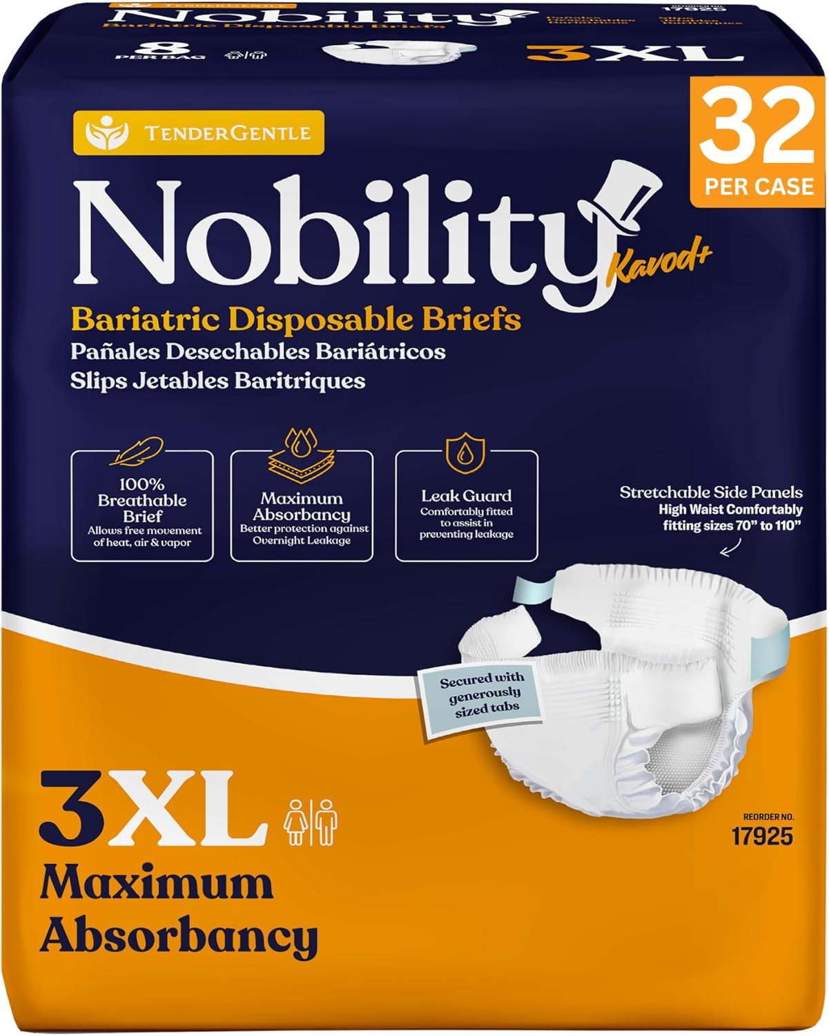 3XL Adult Diapers for Women and Men - Case of 32 Bariatric Disposable Briefs with Tabs and Stretchable Side Panels - Breathable with Max Absorbency 1 Case