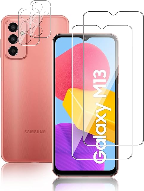 TUTUO [2+2 Pack Tempered Glass Compatible with Samsung Galaxy M13 4G Screen Protector + Camera Lens Protector, [Anti-Scratch] [Bubble Free] 9H Hardness HD Clear Tempered Glass Film