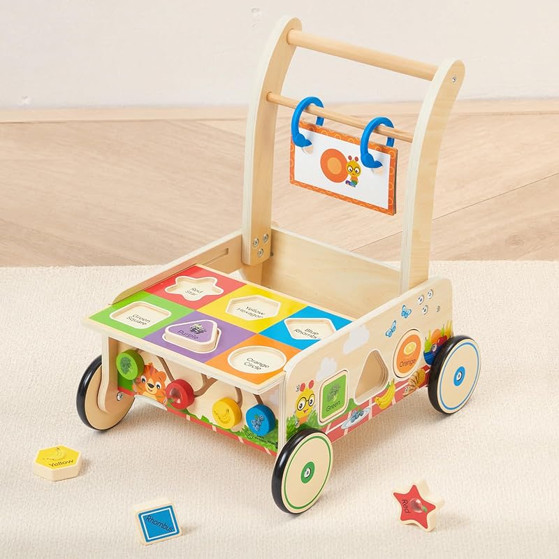 labebe x Baby Einstein Andador de madera Montessori para bebés de 12 meses o más, andador de empuje para aprender a caminar, centro de actividades con clasificador de formas, laberinto de cuentas, tarjetas de aprendizaje y tablero de juego reversible