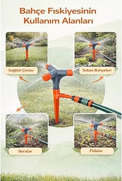 3 Kollu Döner Bahçe Fıskiyesi, 360° Sulama, Kazıklı Montaj, Hortum Bağlantılı, Çim ve Sebze Bahçesi için