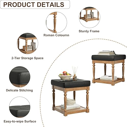 Miniatura 15 de UEV Juego de 3 mesas de café otomanas, juego de mesa de madera para sala de estar, incluye 2 mesas auxiliares tapizadas, mesita de noche, patas de