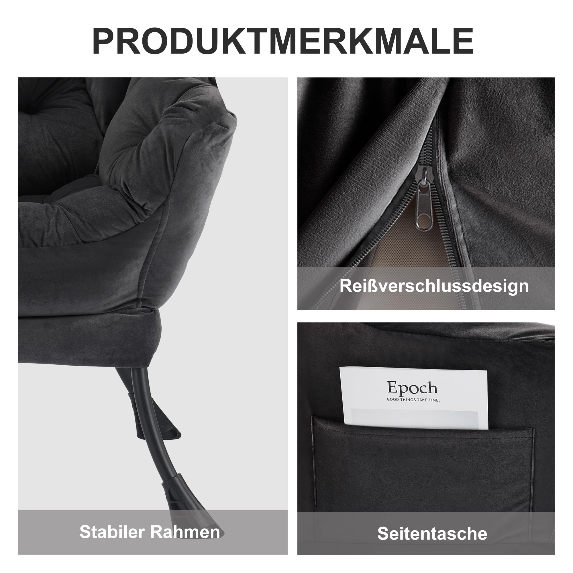 Lazy Chair mit Ottomane, Sessel Wohnzimmer Ohrensessel mit Hocker, Lesesessel Bequem Armchair Lounge Sessel mit Fußhocker, Relaxstuhl Relaxsessel mit Fußstütze, Seitentasche, Schwarz