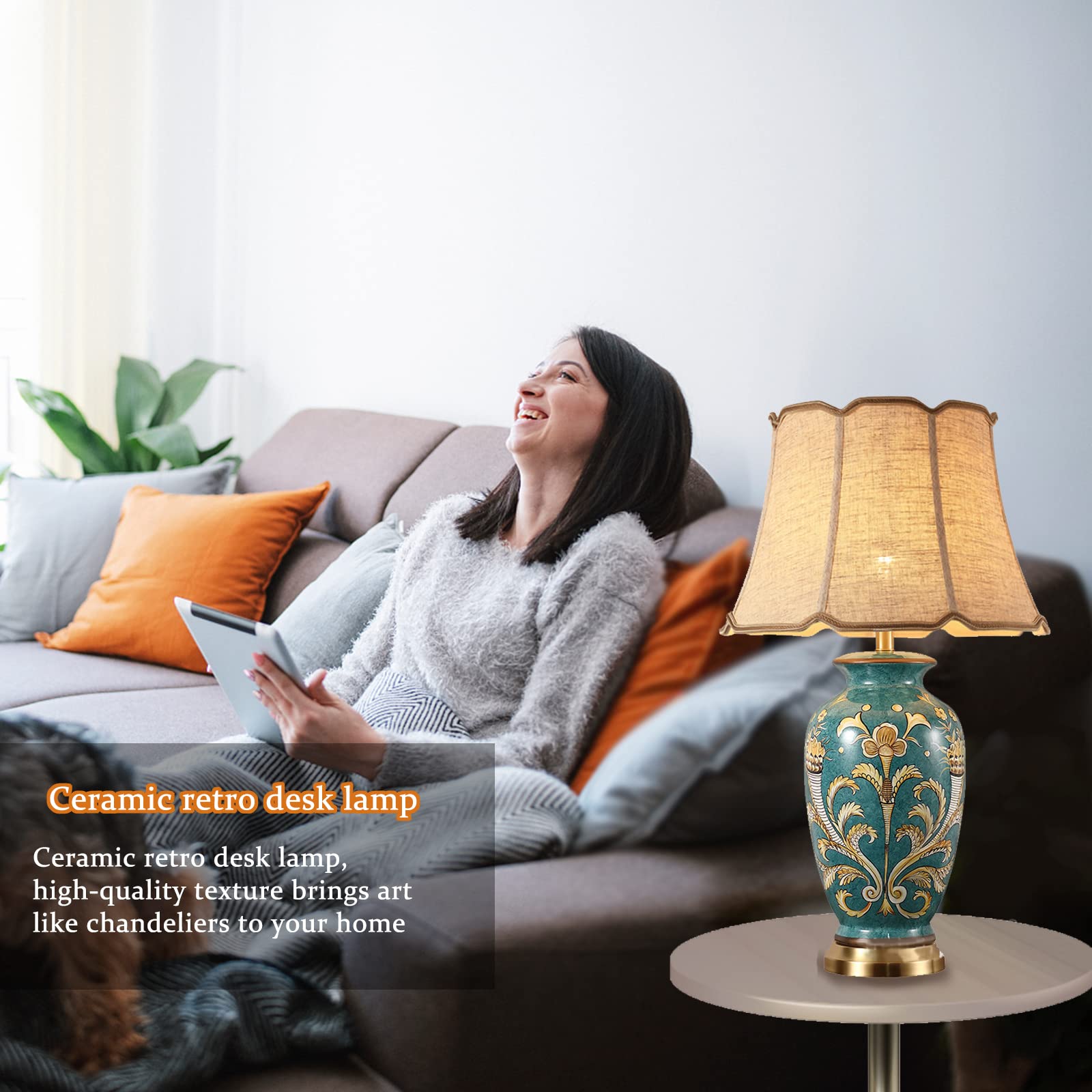 Lampada da tavolo in ceramica, dipinta a mano, design asiatico con motivo floreale e uccello, elegante decorazione per la casa per camera da letto, soggiorno, studio, paralume a campana con rami alti