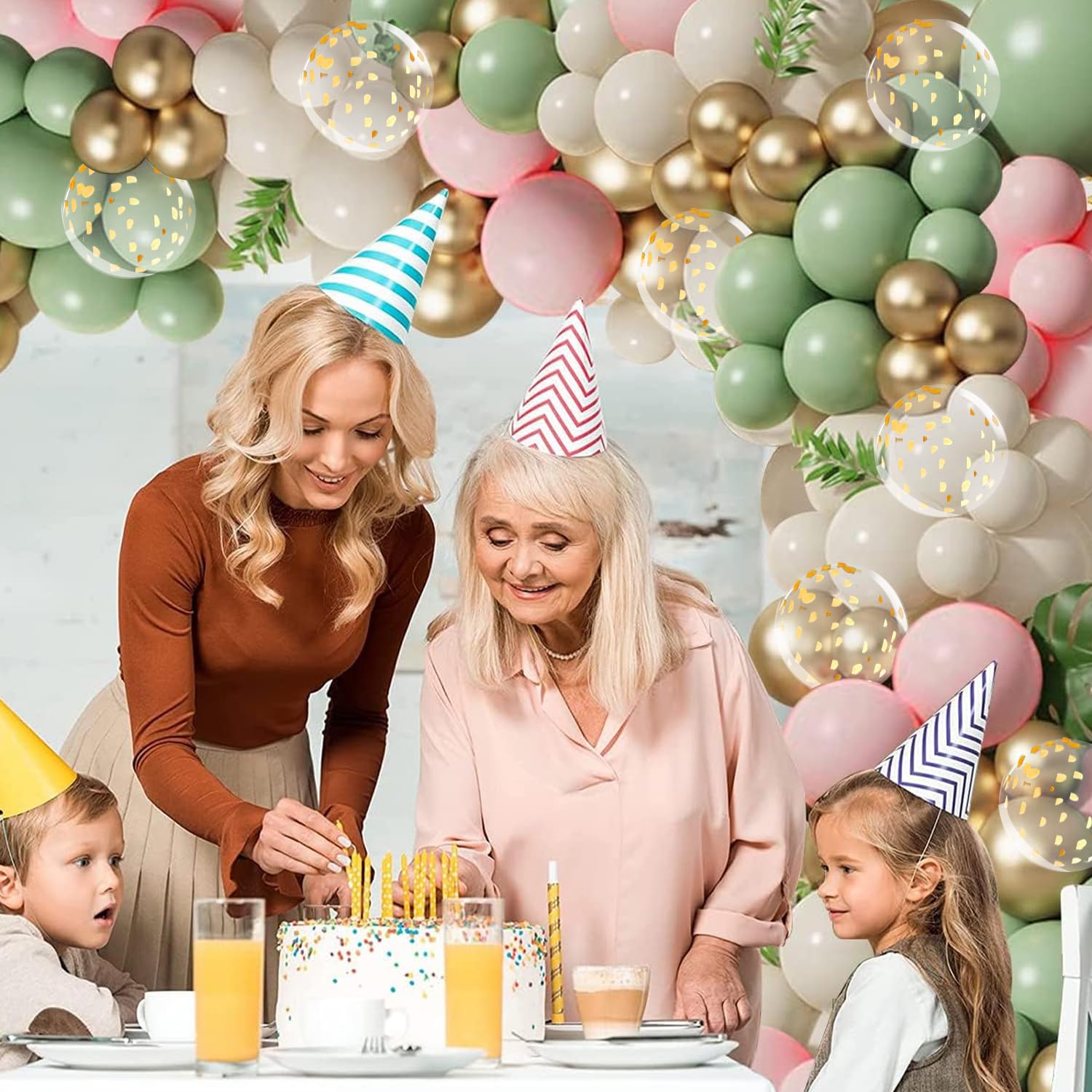 Zestaw łuków balonowych w kolorze zielono-różowego szałwia, oliwkowozielony, jasnoróżowy, piaskowy, biały, rumieniec, metaliczne złote balony ze złotymi balonami z konfetti, na urodziny, las, baby
