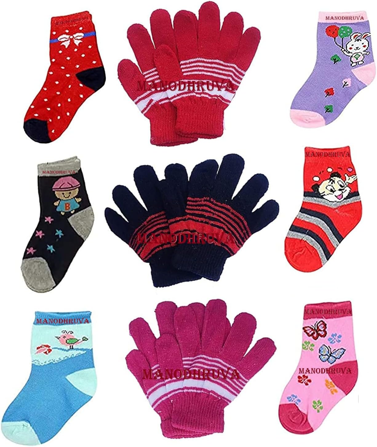 MANODHRUVA Combo of 6 Pairs Kids Socks and 3 Pairs Kids Gloves, Random Color