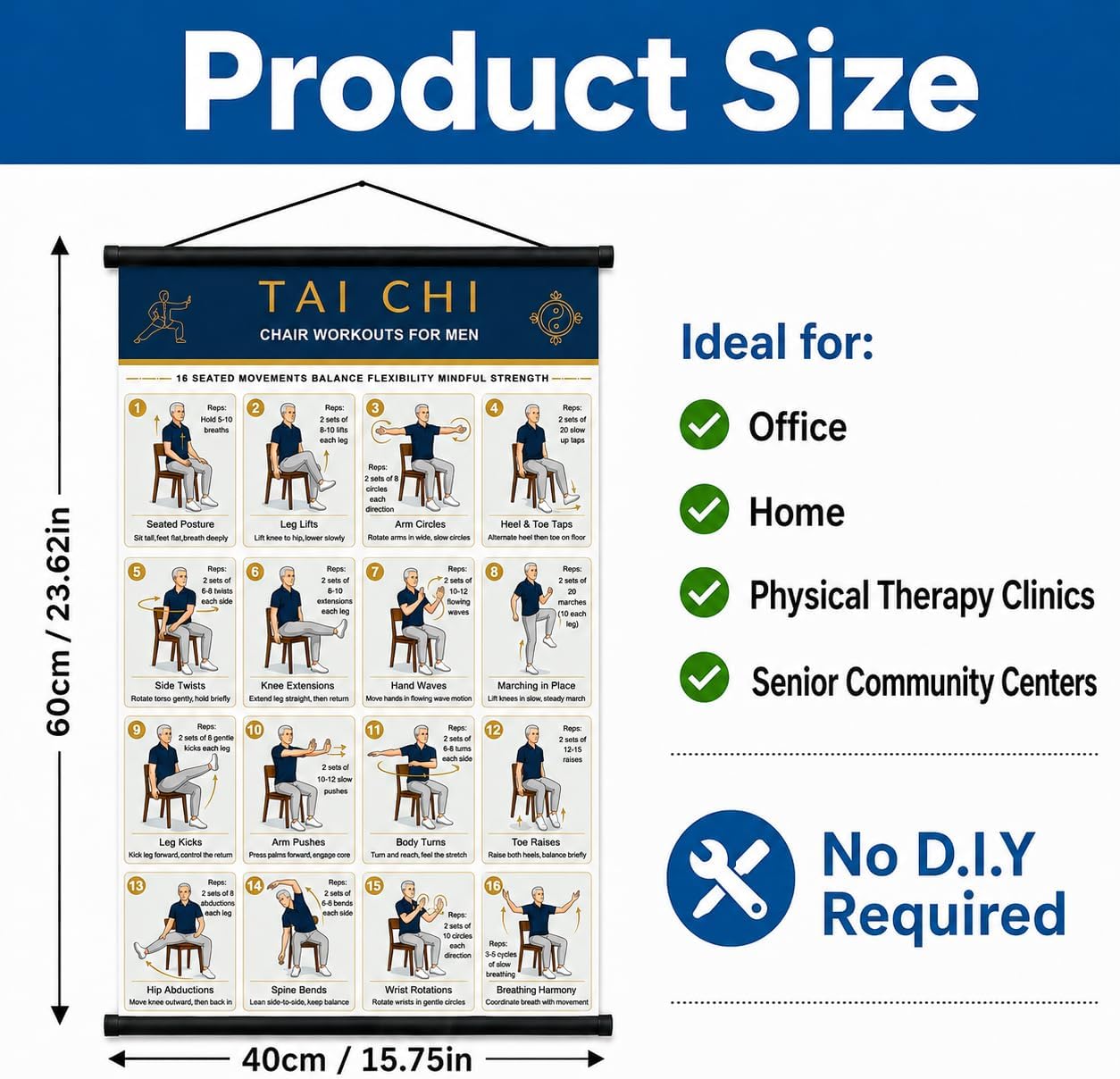Tvisenva Tai Chi Chair Workout Chart for Seniors, Chair Tai Chi Wall Poster with 16 Seated Movements, Beginner Seated Exercise Guide for Balance, Flexibility & Gentle Mobility, Hanging Scroll for Men, 16 x 24 in