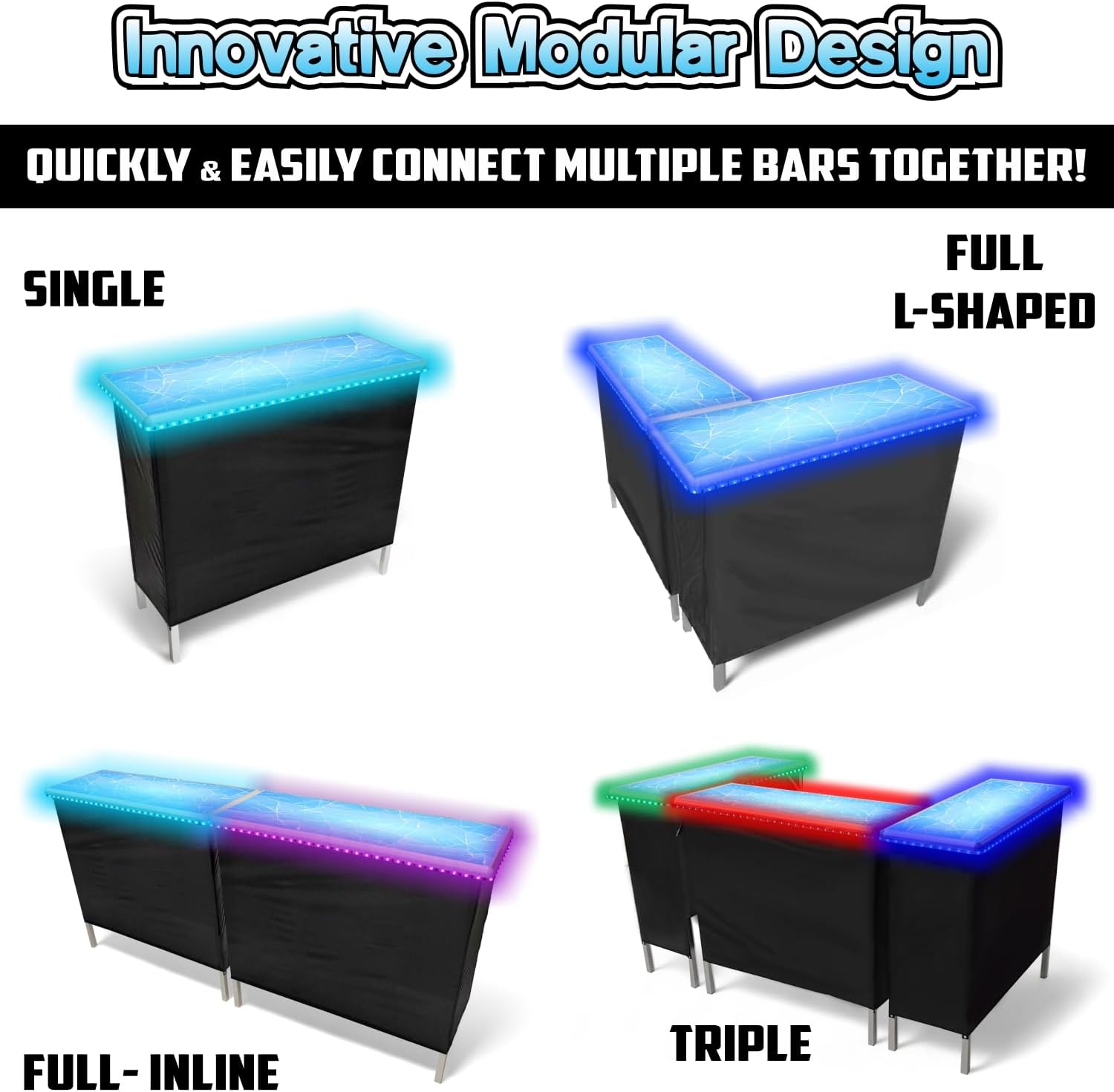 Folding Portable Bar w/LED Lights, Wireless Remote, 2 Bar Skirts, Storage Shelf, & Carrying Case - Iced