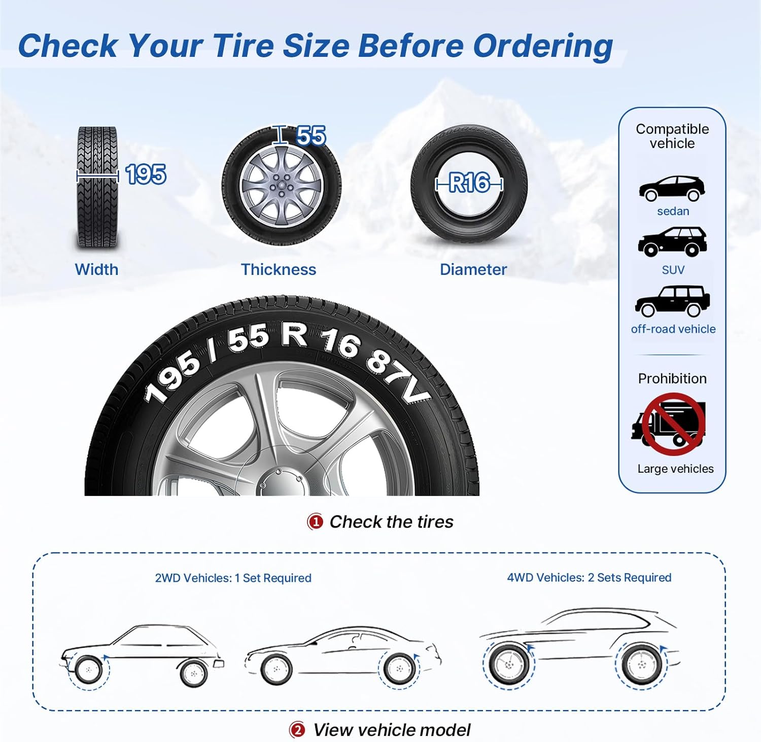Snow Chains, Emergency Anti-Skid Tire Chains for SUV, Cars, Sedan, Pickup Trucks with Update Adjustable Lock for Ice, Snow, Mud, Sand, Applicable Tire Width 225-305 mm (8.86-12 inch)