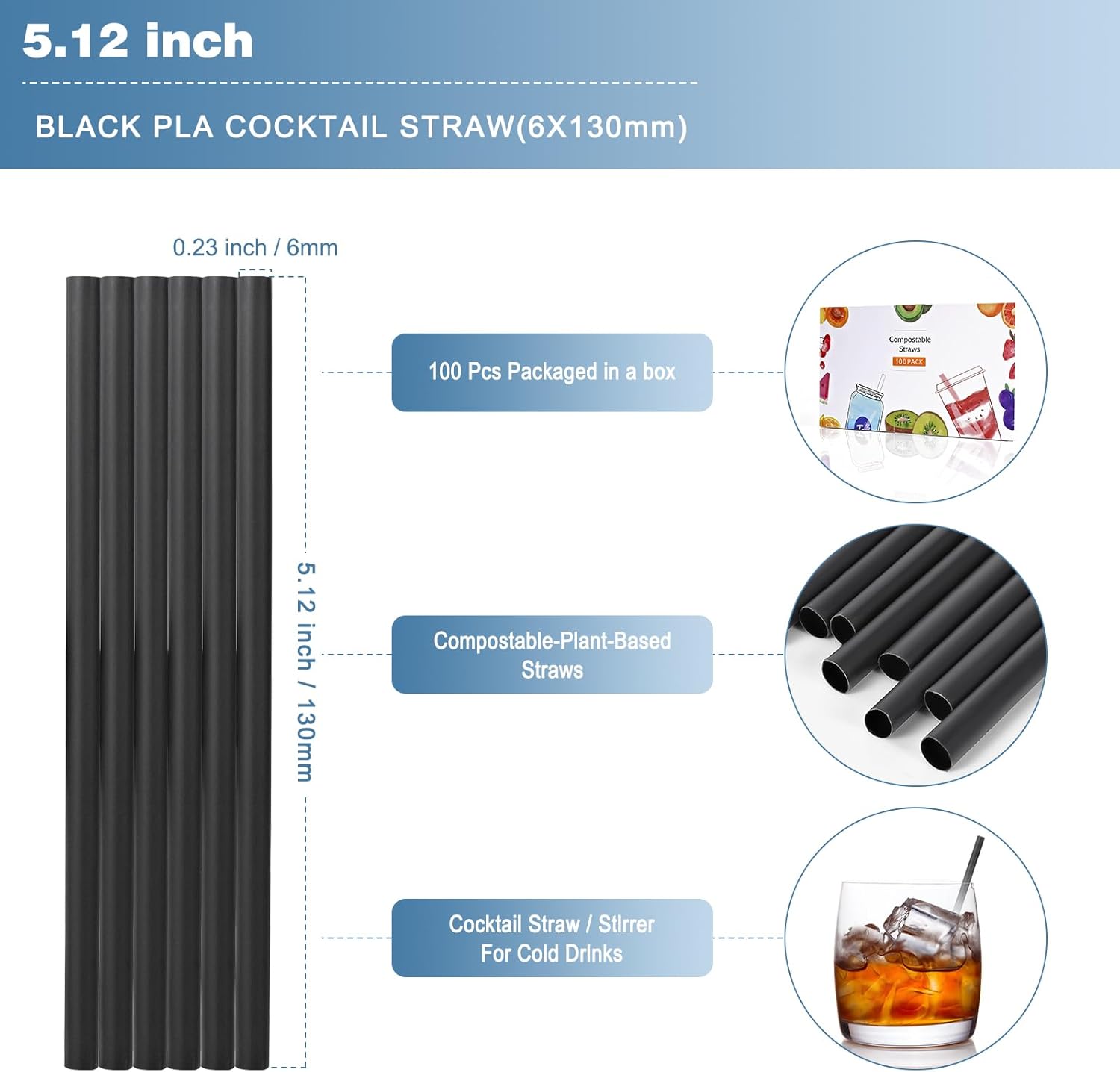 [100 Pcs] Black Biodegradable Cocktail Short Straws - 5.12 Inch Disposable Compostable PLA Plant Based Drinking Straws for Whiskey Bar Club Cocktail Cold Drinks - Image 2