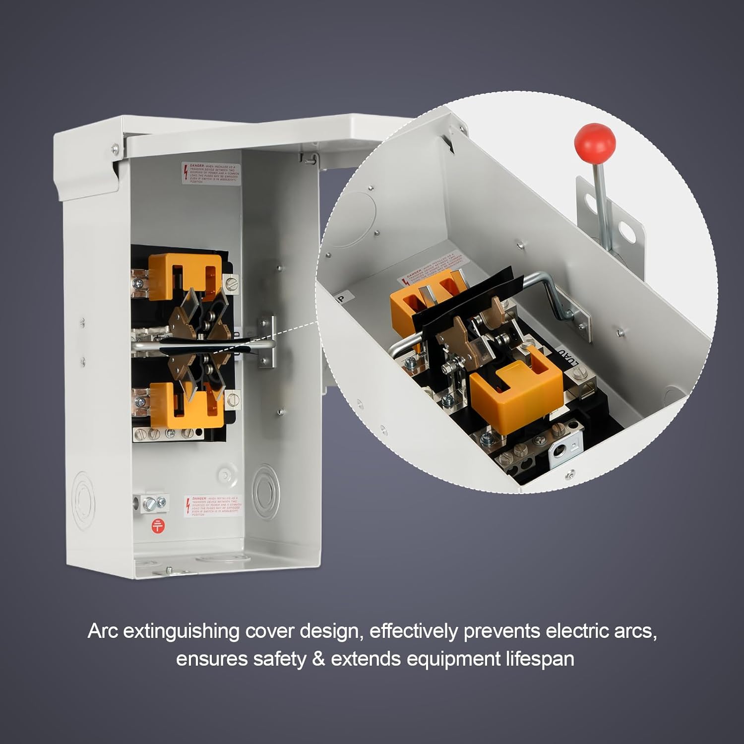 100A Generator Transfer Switch, 12000/24000/45000W General-Duty Double-Throw Safety Switch, 120/240/450V Manual Transfer Switch with Arc Extinguishing Cover, NEMA 3R Standards for Indoor/Outdoor Use