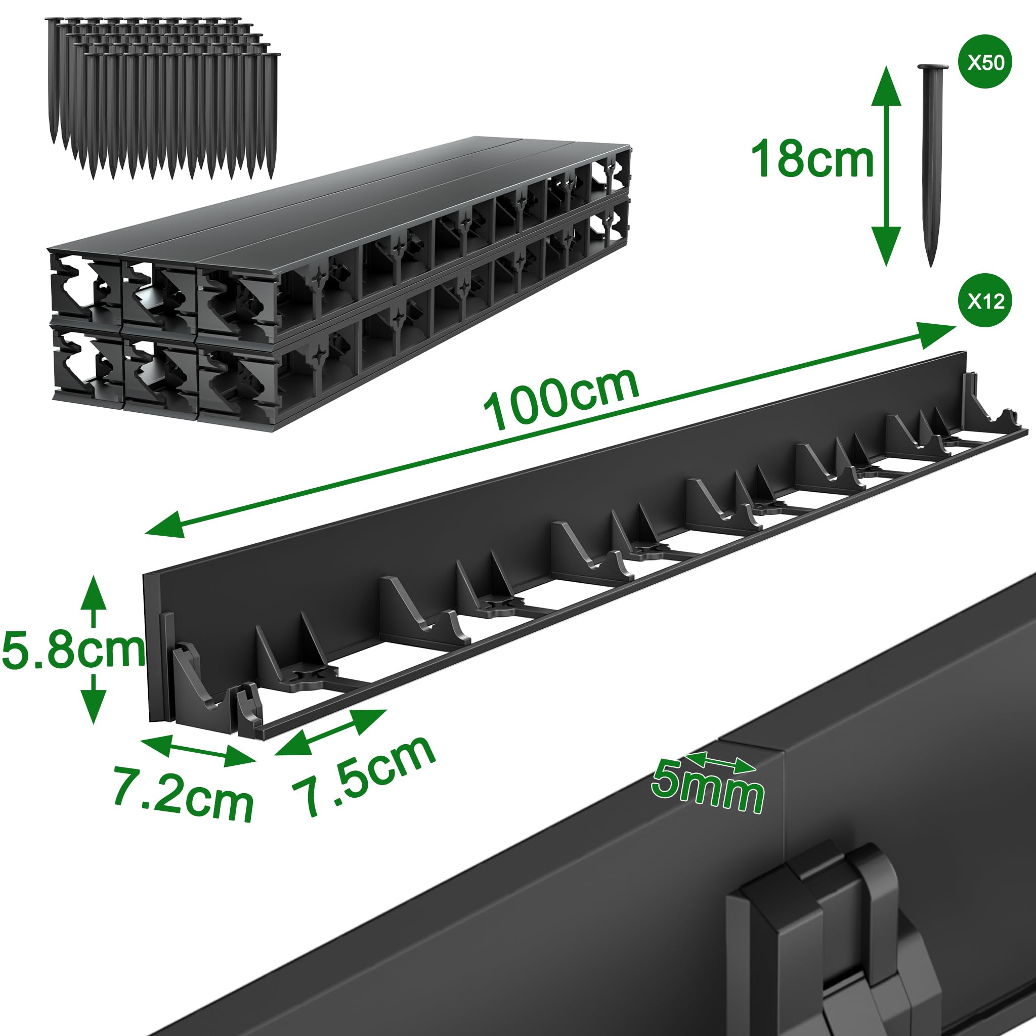 Aufun Flexible césped Ribete de plástico 24M, pavimentación Ribete Cama Ribete de siega Ribete Piedra con 100 Anclajes al Suelo, Muy Buen césped Ribete Piedras para Trabajar (58mm, Negro)
