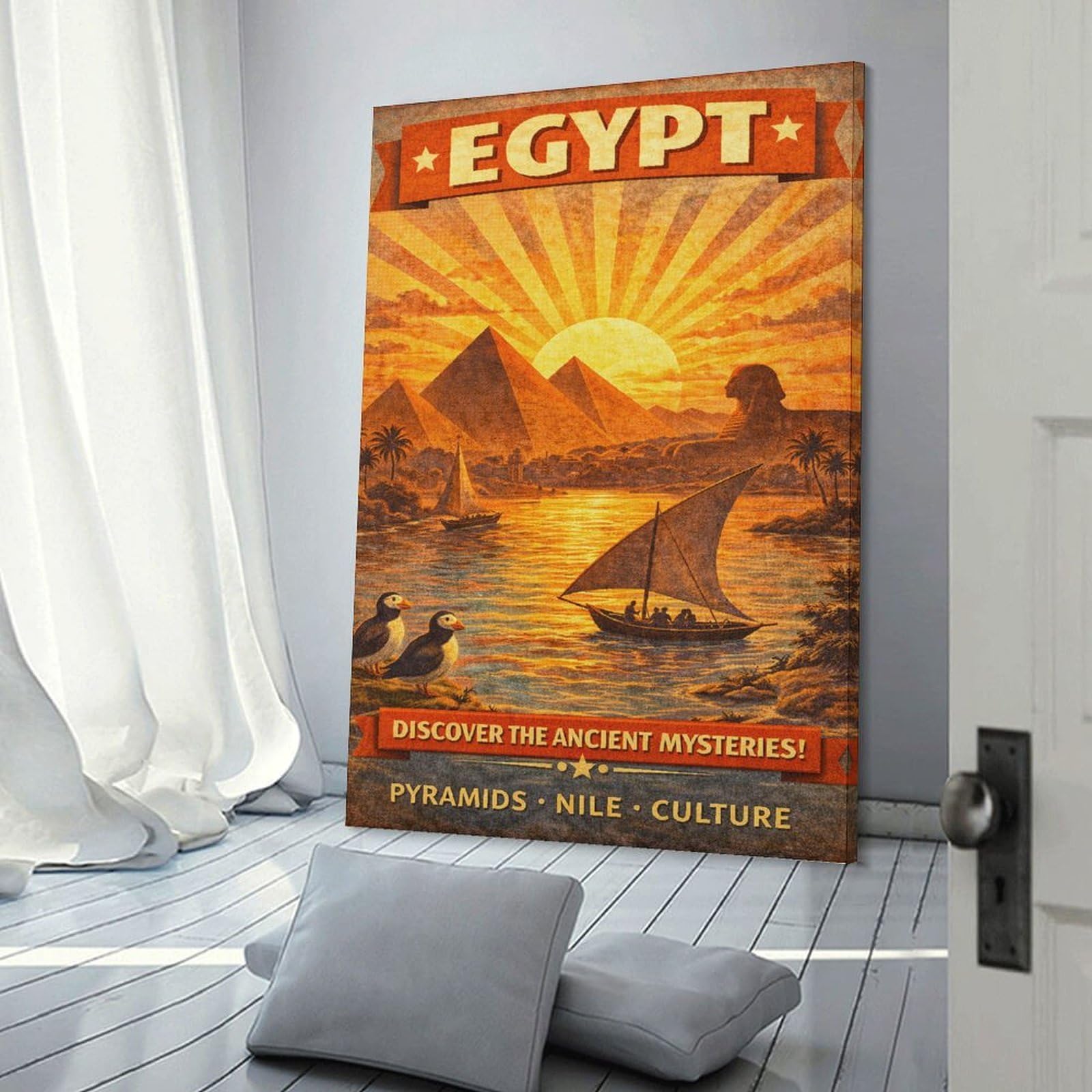Junmoney Vintage Egypt Travel Canvas Wall Decor, 24x36inch(60x90cm), for Bedroom, Guest Room Or Reading Nook, Canvas Wall Decor for Personal Spaces