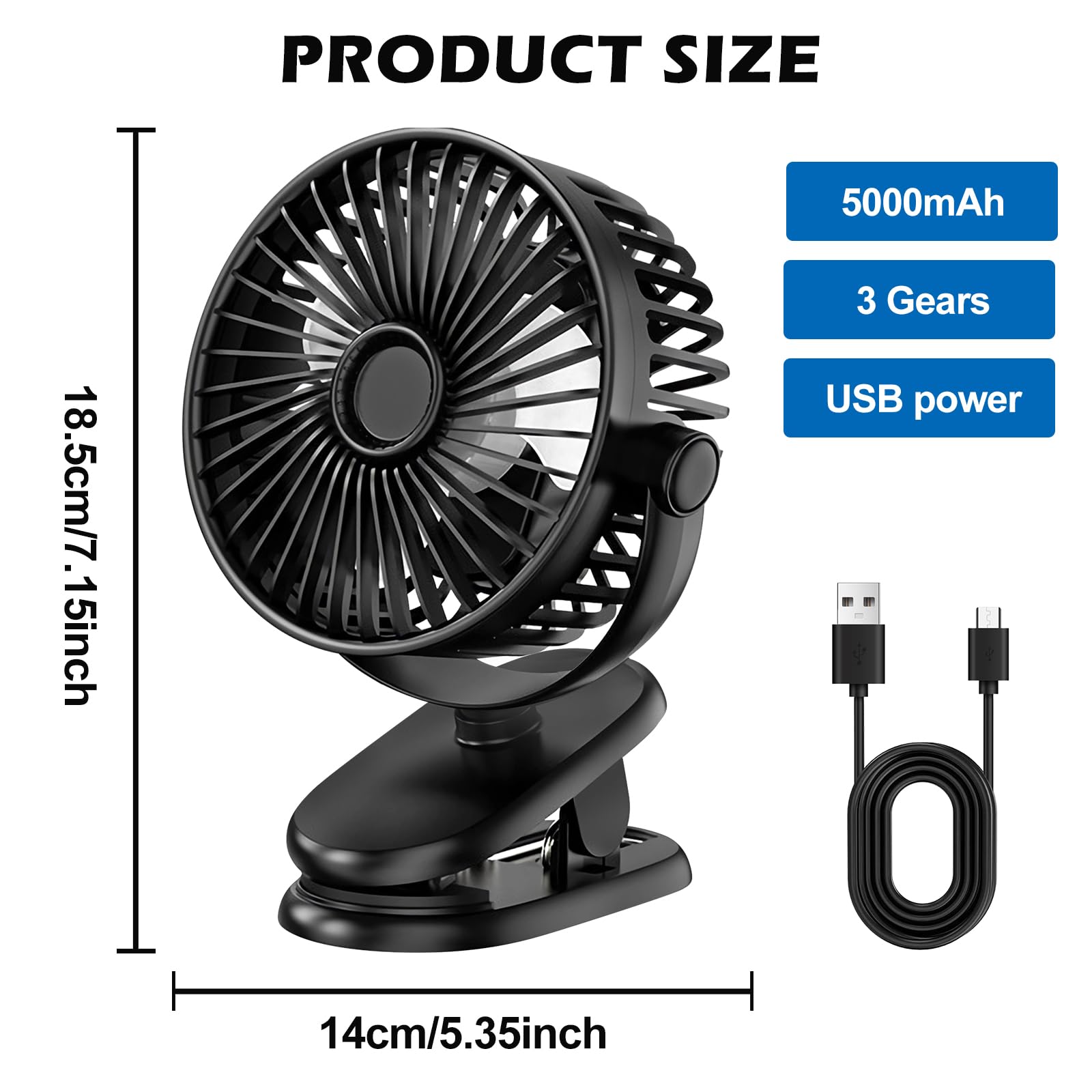 Mini ventilatore a clip, 5000 mAh, con clip, mini ventilatore, ventilatore da tavolo, ventilatore a morsetto, piccolo ventilatore da tavolo, silenzioso, 3 livelli di velocità, rotazione a 360°