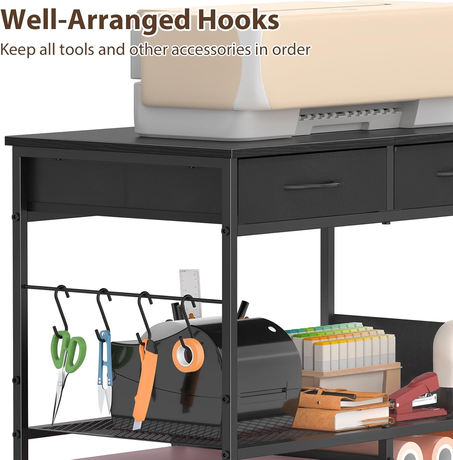 VEOSIR Craft Cart with Vinyl Roll Holder, Organizer & Storage Table for Cricut Machine with Drawer,Mobile Craft Organization and Storage Cart,Crafting Table Accessories Holder for Craft Room Black