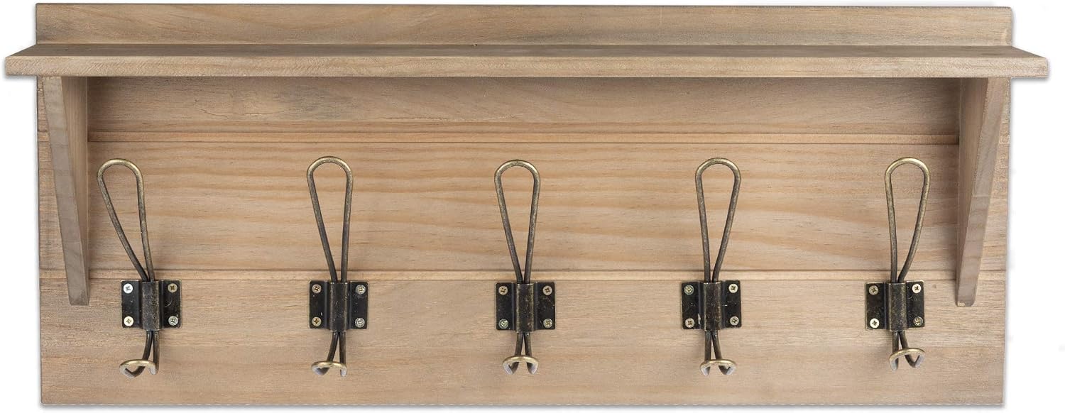 Ilyapa Barnwood Coat Rack Wall Mount with Shelf - Wood Wall Mount Coat Rack with Shelf, 5 Metal Hooks - for Hats, Coats, Kitchen, Bedroom, and More - Barnwood