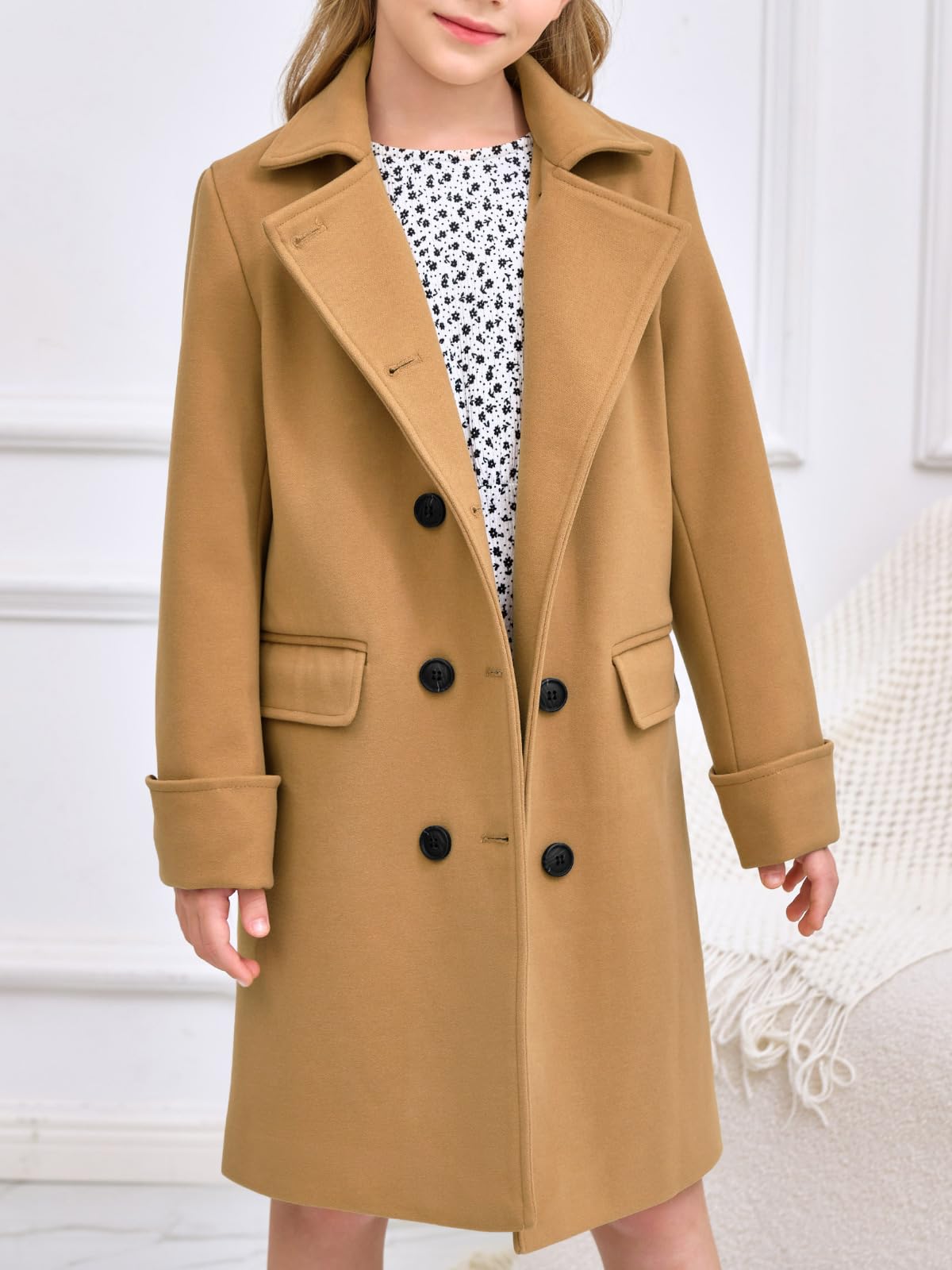 Haloumoning Trench a doppio petto per bambine, con risvolto e tasche, 5-14 anni | Tasche funzionali, bambini, cappotto, cappotti invernali, cappotto lungo, capispalla