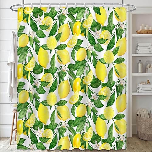 Miniatura 2 de Mocsicka Fruit Shower Curtain Lemon Shower Curtain with 12 Hooks Cute Colorful Bright Green Leaves Summer Lemon Bathroom Decor Waterproof Fabric