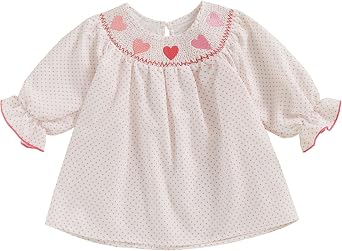 Toddler Girl Valentines Outfit Baby Kids Smocked Dress Hearts Dot Long Sleeve Dresses Cute Valentines Day Clothes