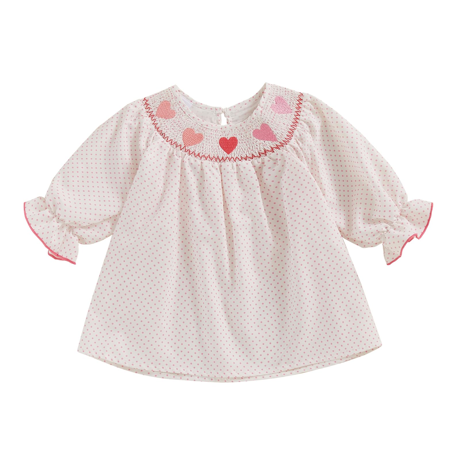 Toddler Baby Girl Valentines Outfit Heart Embroidery Smocked Dress Long Sleeve Princess Dresses Cute Clothes (White, 6-12 Months)