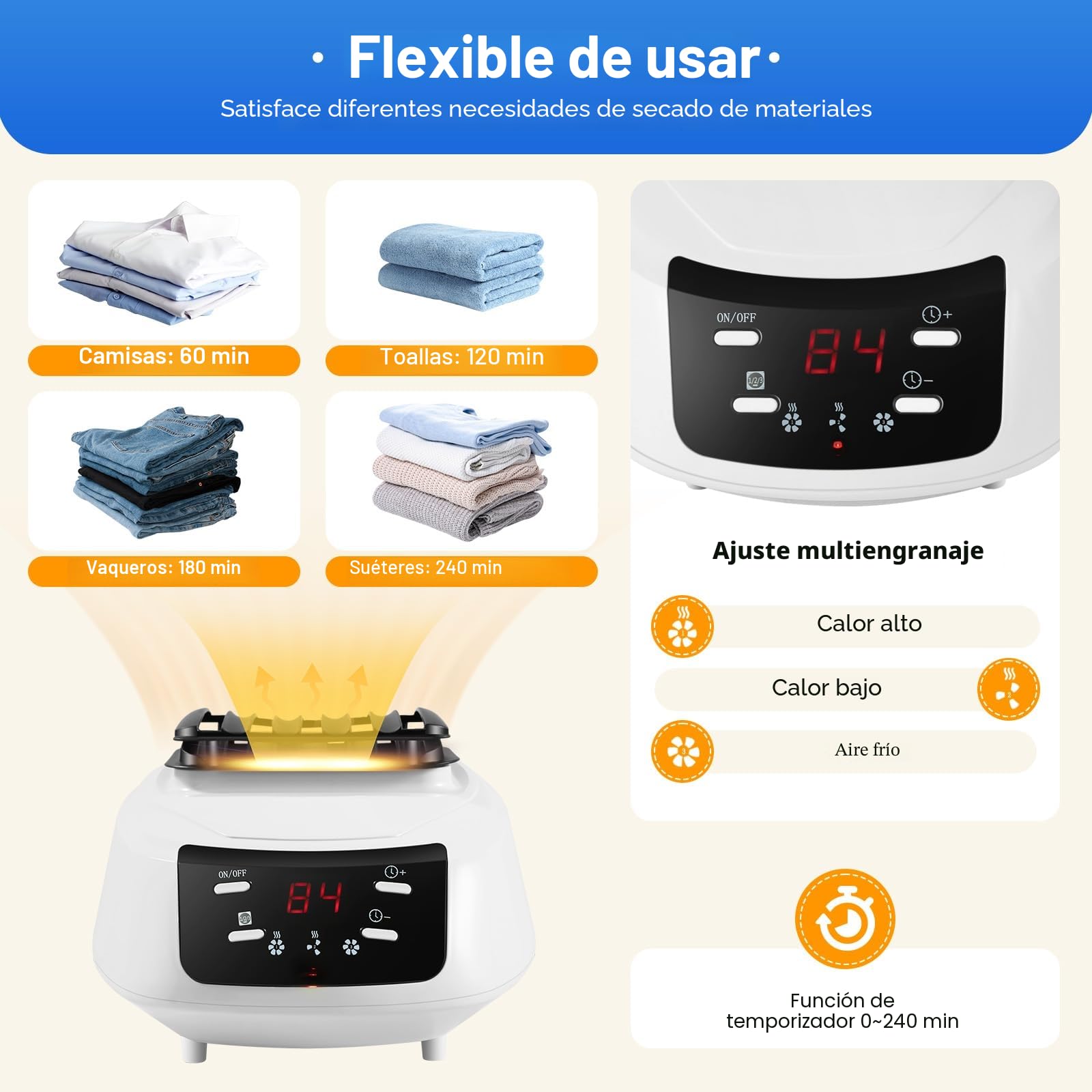 Secadora de ropa eléctrica, secadora plegable de 3 velocidades con mando a distancia, estante de secadora,0-240 minutos función de temporización, gran capacidad, diseño de doble capa, para casas