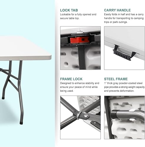 Miniatura 4 de AJP Distributors Mesa plegable portátil de plástico de 6 pies y 72 pulgadas, parte superior resistente con asa de transporte, interior y exterior,