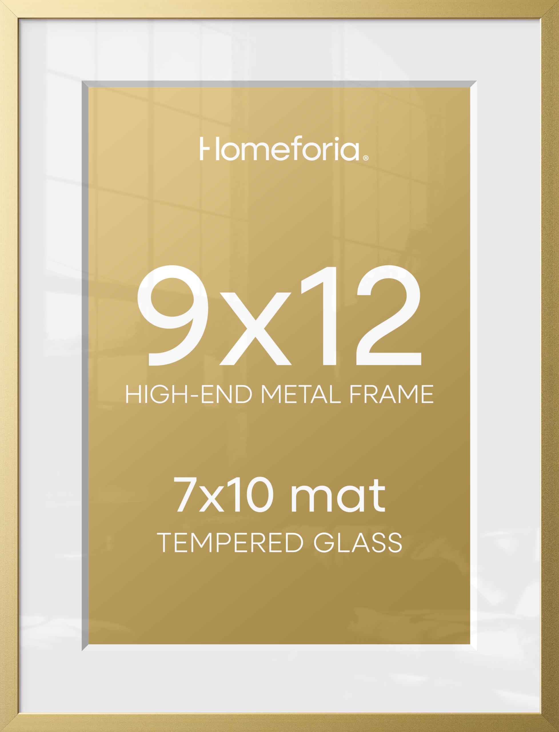 Homeforia 9x12 Gold Picture Frame, High-End Metal, 7x10 Mat, Glass | High End Aluminum, Tempered Glass, Acid-Free 7x10 Removable Mat, 9x12 in Edge-to-Edge Display 12x9, Wall Kit, Set Of 3