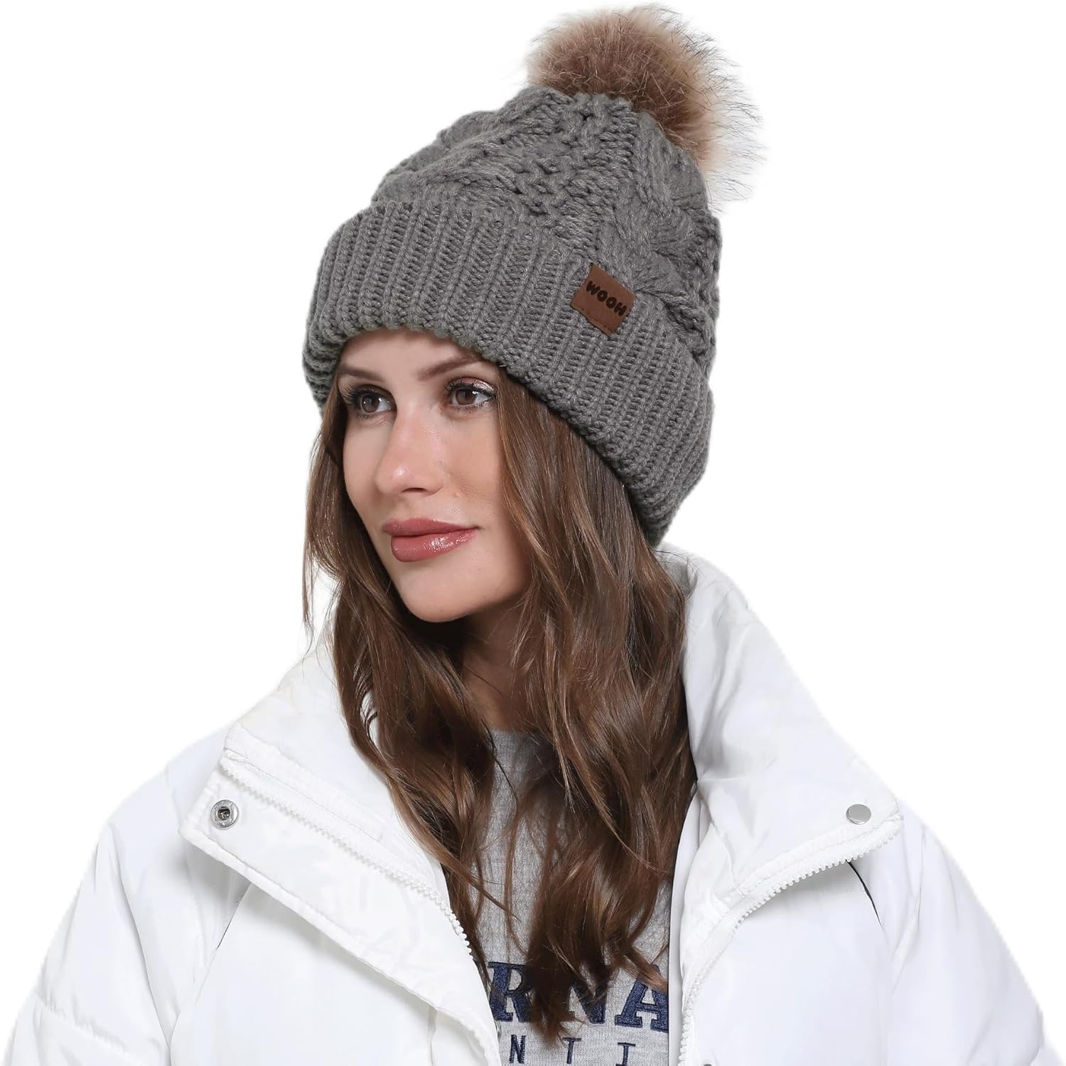 WOOH Womens Beanies for Winter,Knit Hat with Faux Fur Pom Pom Beanie for Women,Warm Fleece Lined,Less Static