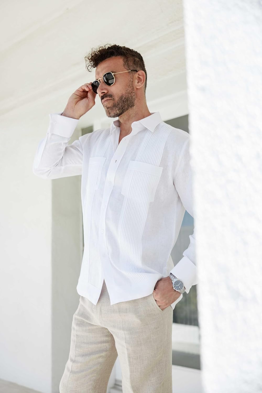 Mojito Men's 100% Linen Guayabera Chacabana Shirt Long Sleeve - Tonal Pleats - Image 3