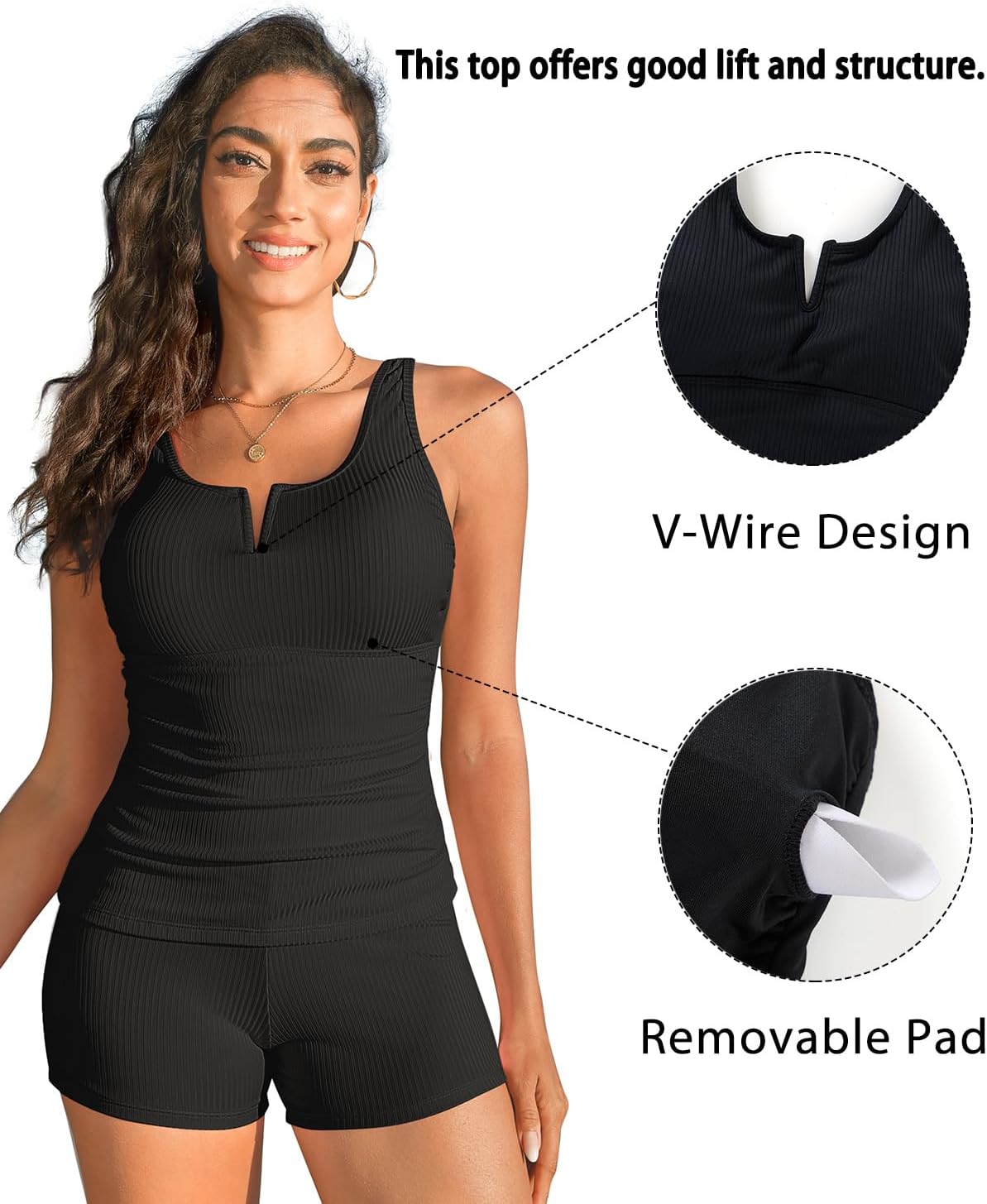 Daci Womens 2 Piece Tankini Swimsuits - Tummy Control Bathing Suit with Shorts V Wire Tankini Top Ribbed Swimwear - Image 3