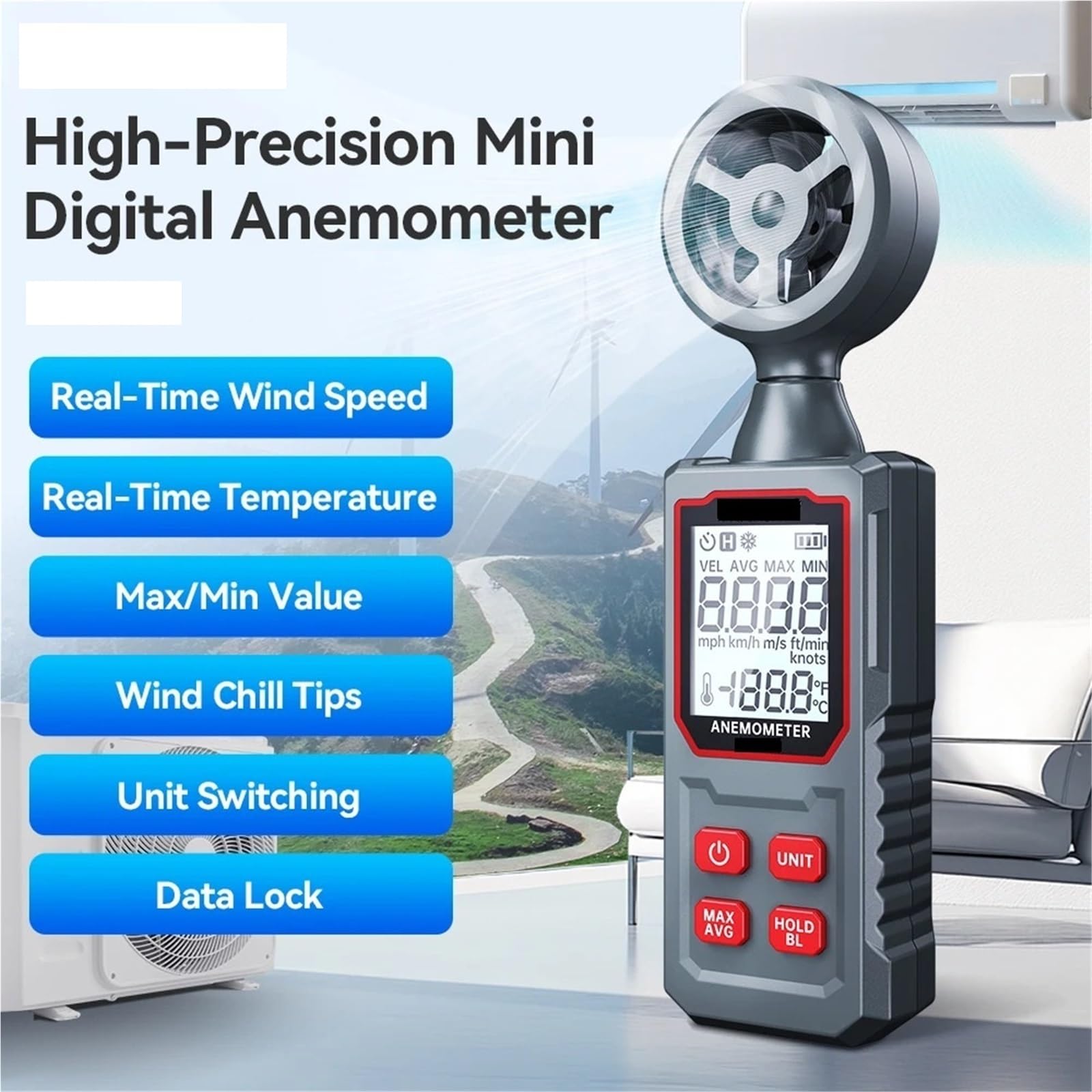 Wiatromierz, Przenośny cyfrowy anemometr, miniaturowy miernik prędkości wiatru, przepływu powietrza i temperatury z podświetleniem LCD