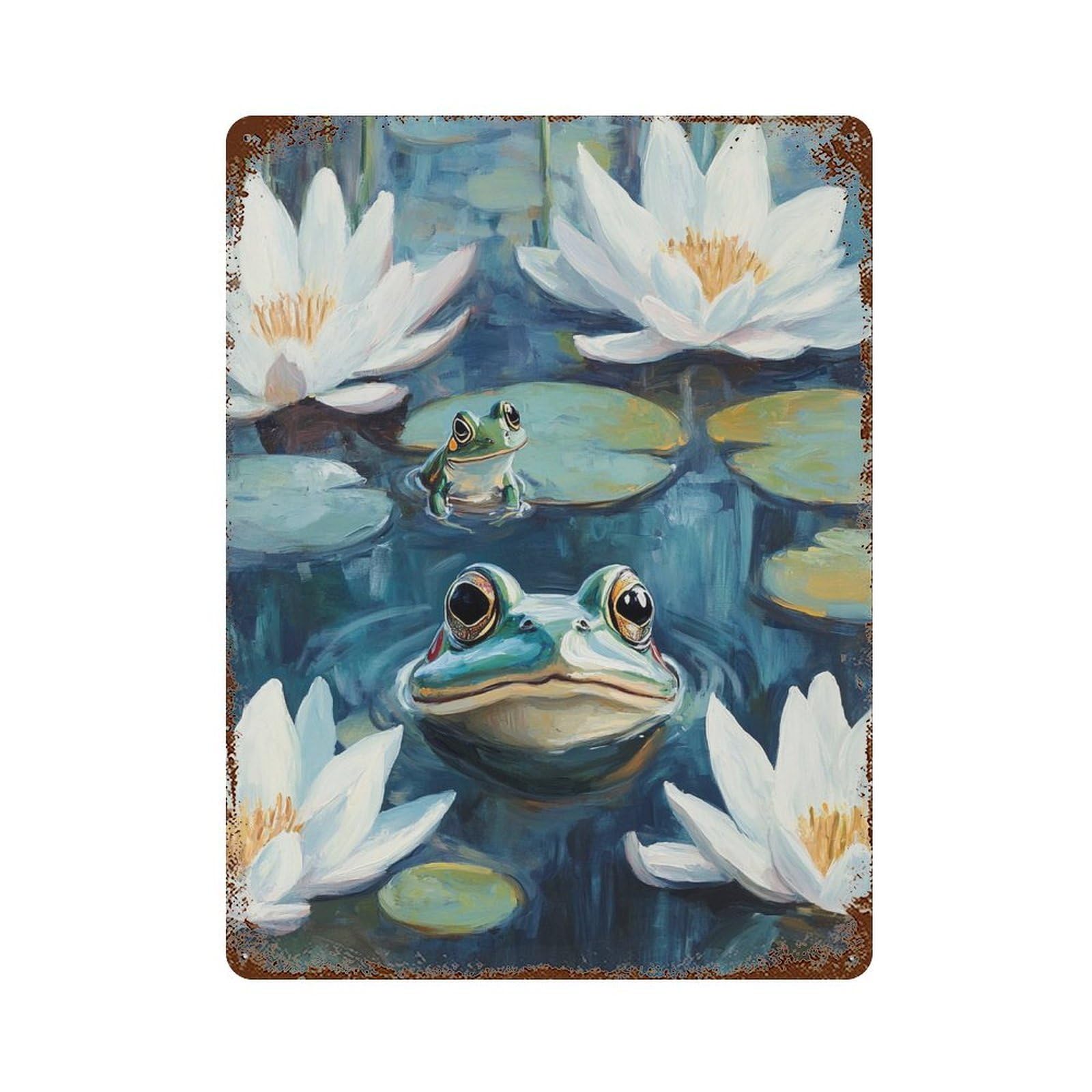 Frog Lily Pond Painting 15.7"x11.8" Weathered Tin Sign, Rustic Home Decor for Living Room, Hallway And Home Decor