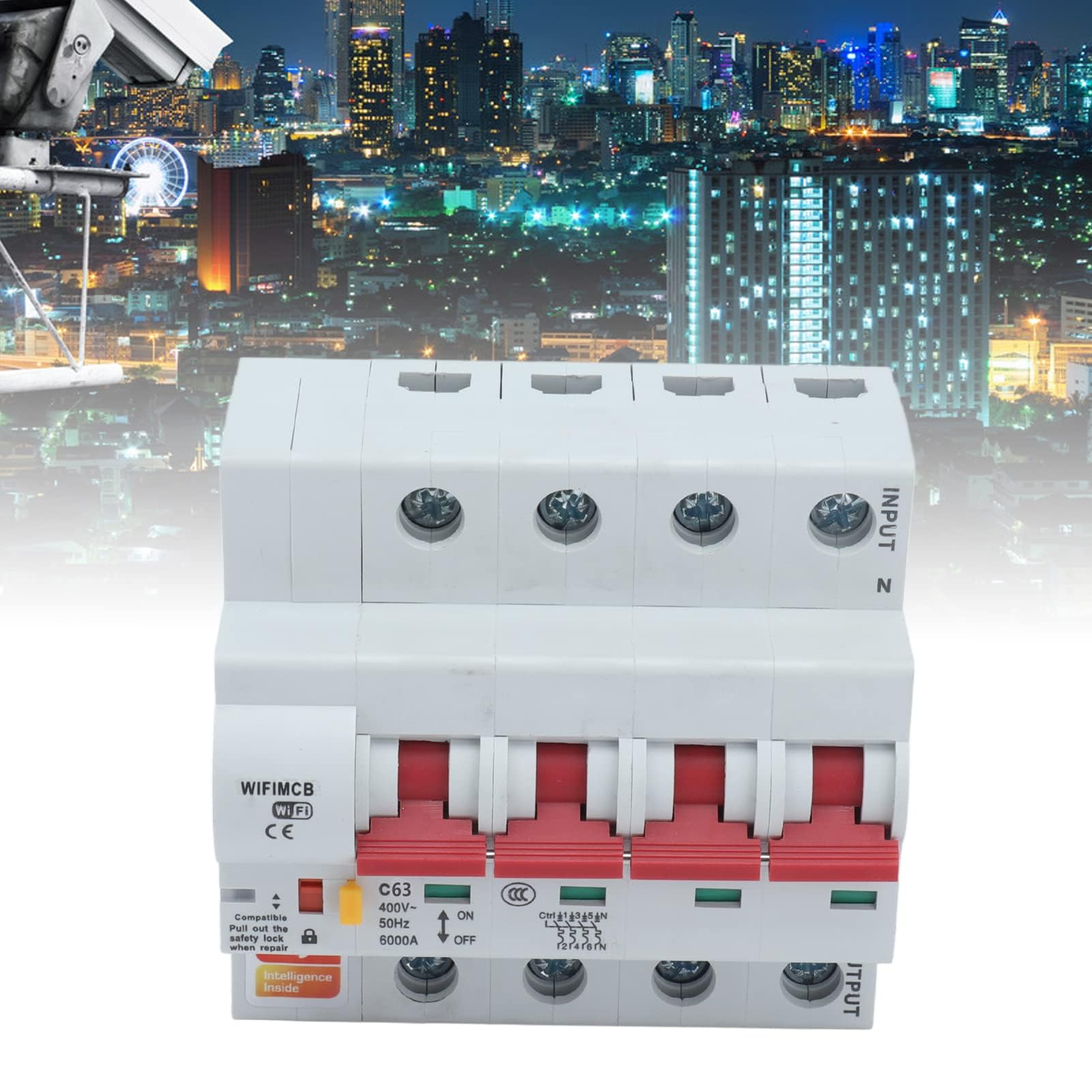 Disyuntor WiFi de 4 Polos Disyuntor de Control Remoto Disyuntor de Carcasa Ignífugo con Bloqueo de Seguridad AC400V((63A))