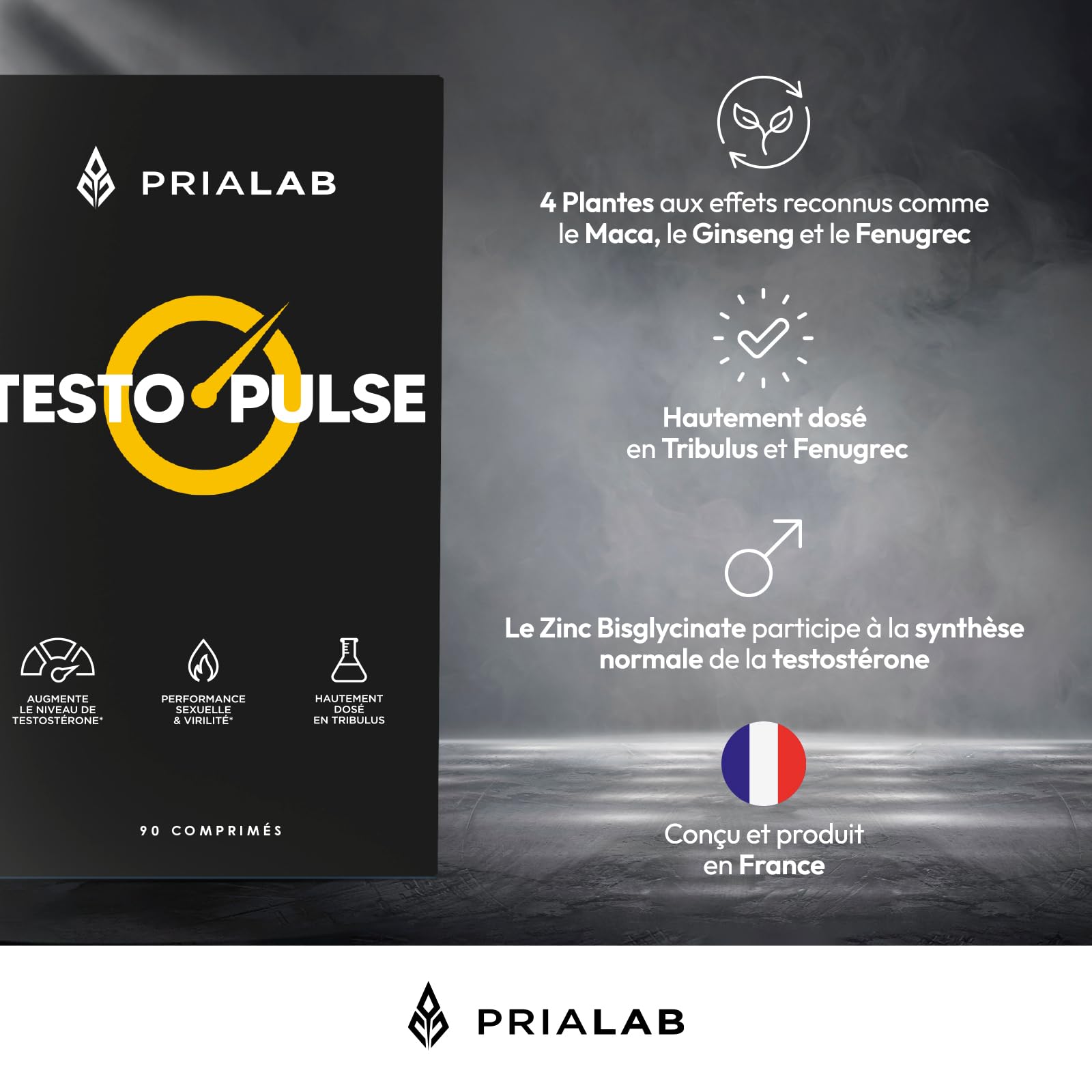 Testo Pulse | Booster Testostérone Naturel | Tribulus, Maca, Ginseng, Fenugrec et Zinc | Performance Masculine | Libido, Virilité & Musculation | Énergisant Puissant | 90 Comprimés Vegan | Prialab