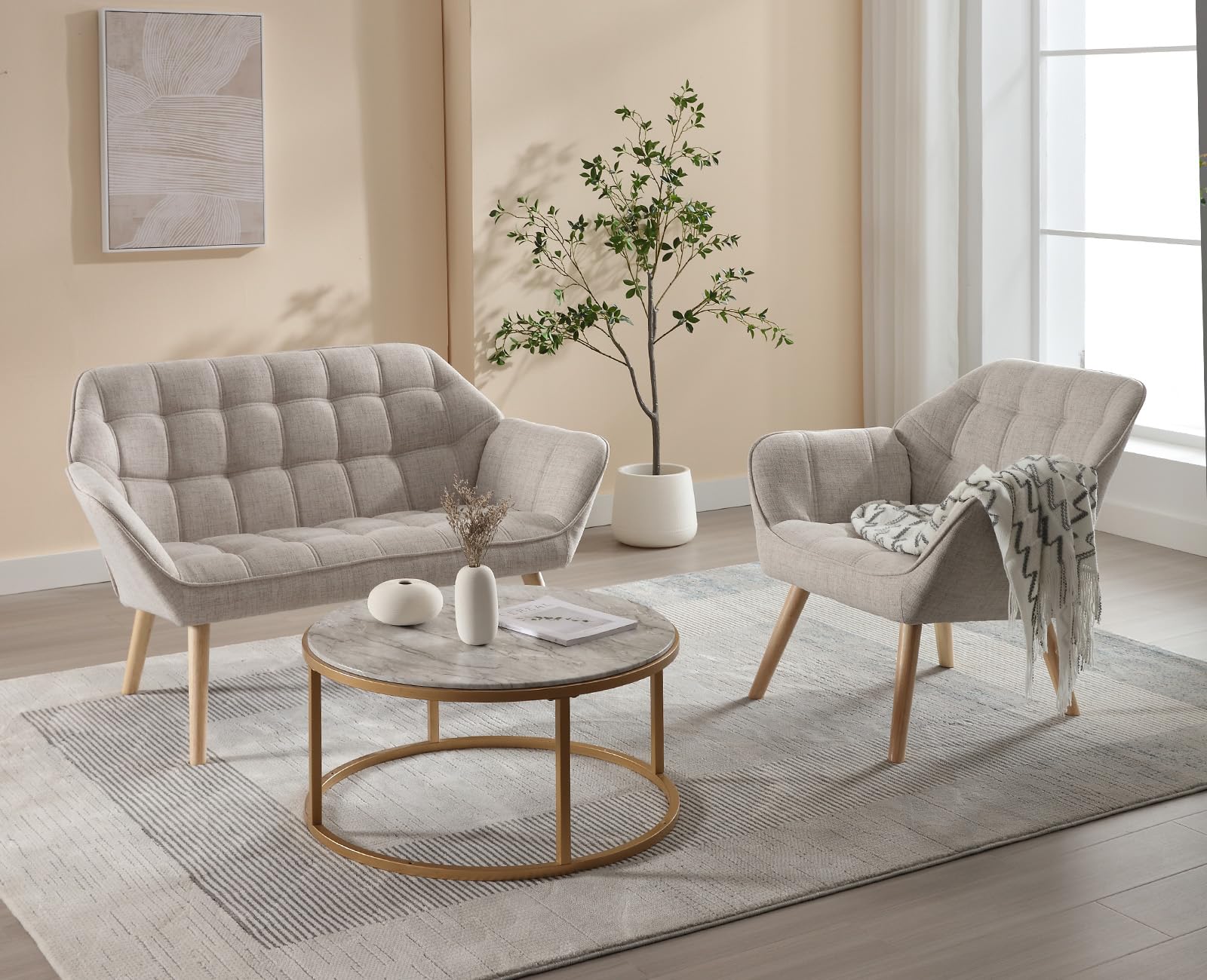 chairus Poltrona da Salotto in Tessuto di Lino Poltrona Imbottita con Braccioli Poltroncina Moderna con Gambe in Legno Poltroncina Relax per Soggiorno/Camera da Letto, Beige