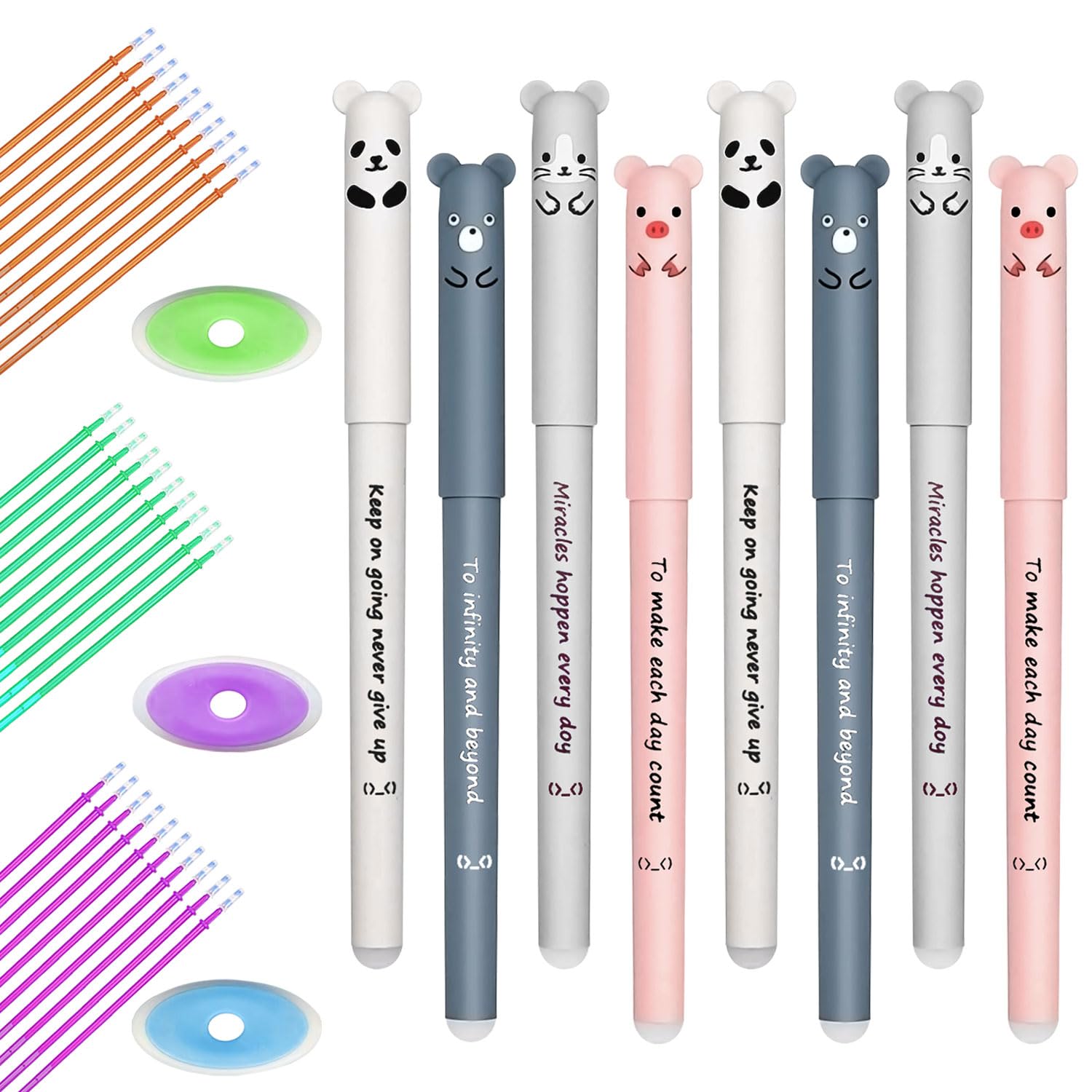 ZIOYA 8 Piezas Bolígrafos Gel Borrables 0.35mm Rollerball Pluma, Bolígrafos Dibujos Animados Bonitos Pen Kawaii Pen con 24 Recambios y 2 Gomas para Oficina Escuela Papelería Estudiantes